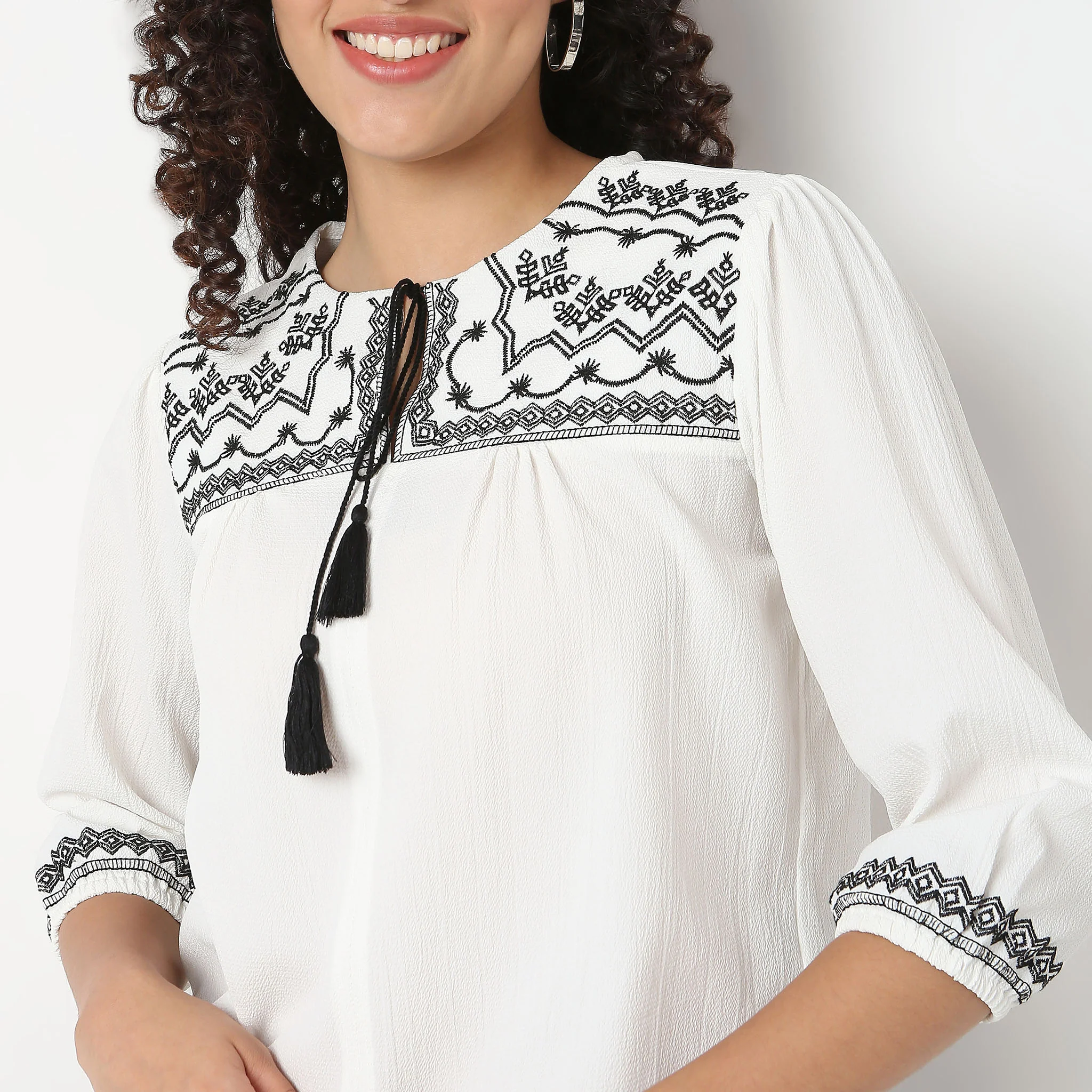 Embroidered Tie-Up Neck Top - Image 4