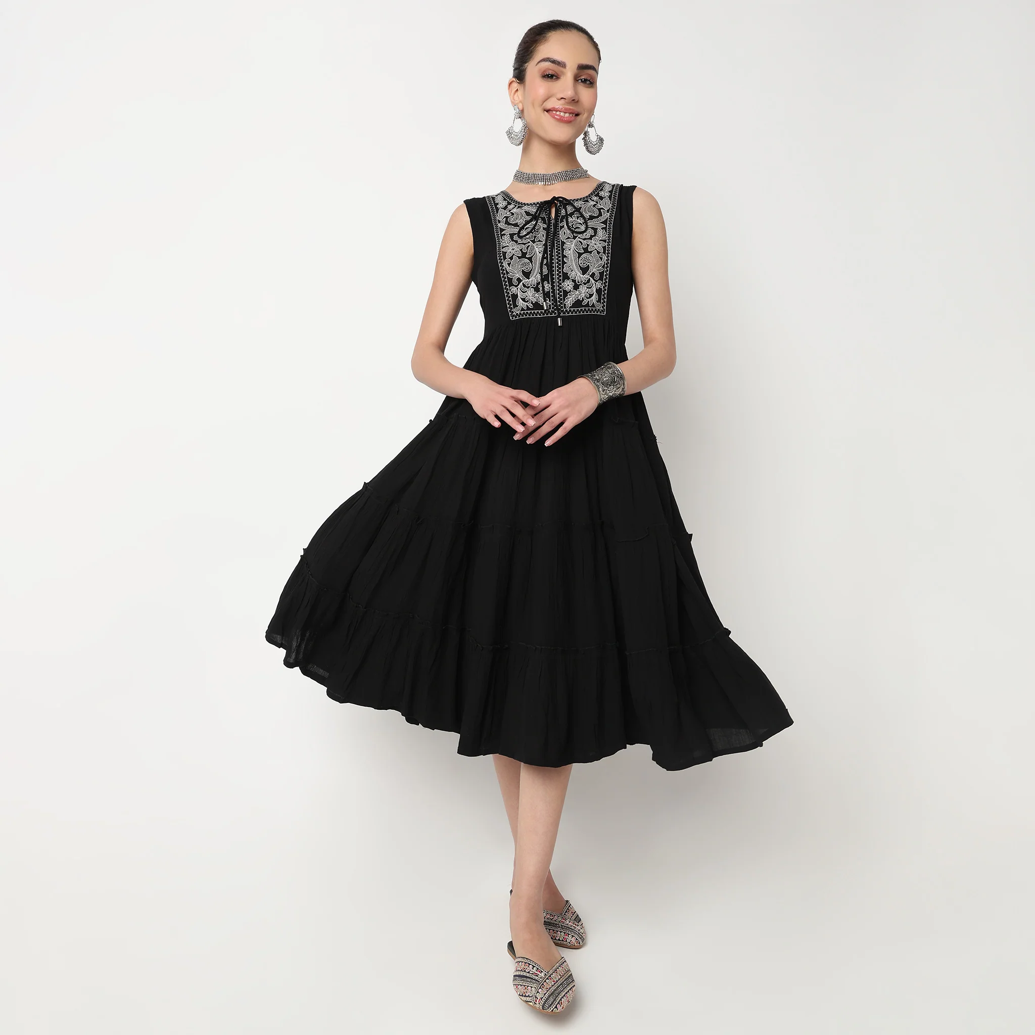 Embroidered Tiered Dress