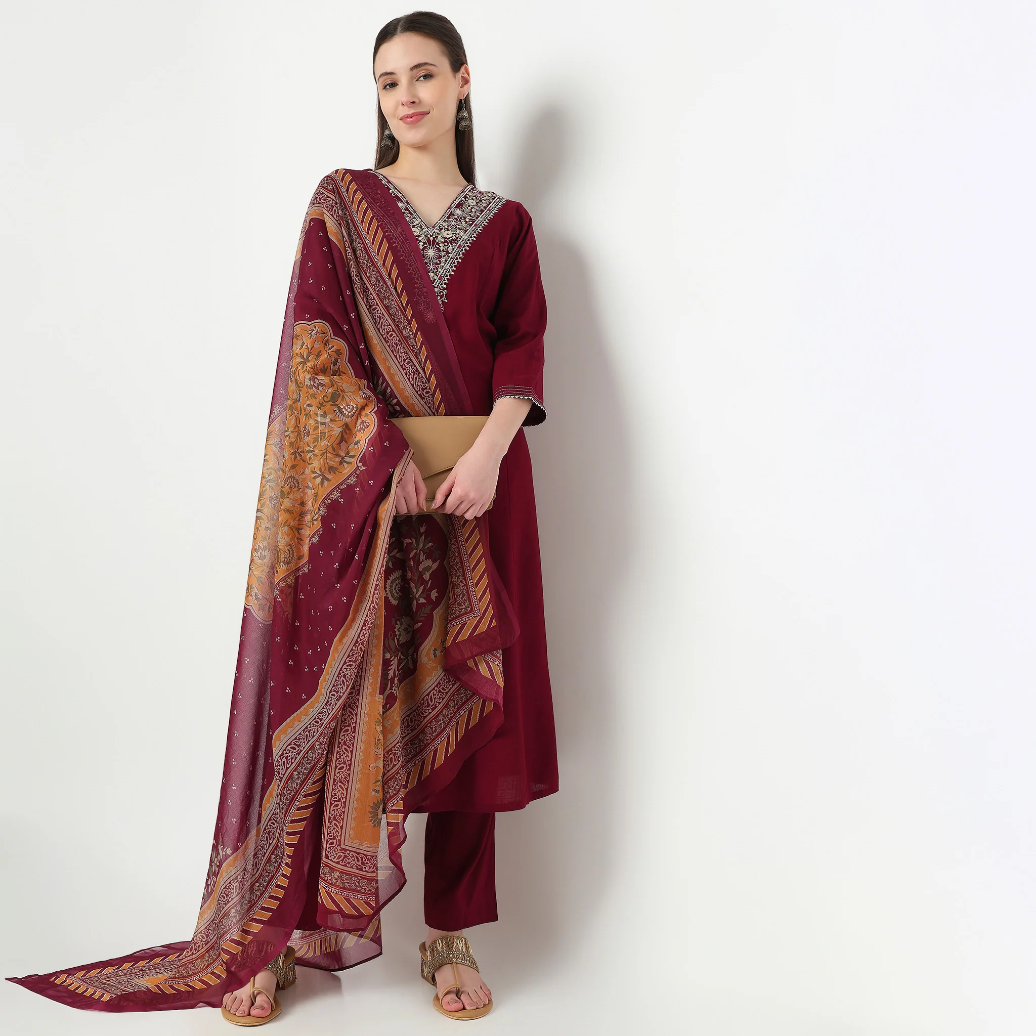 Embroidered V-Neck Kalidar Kurta with Pant Set