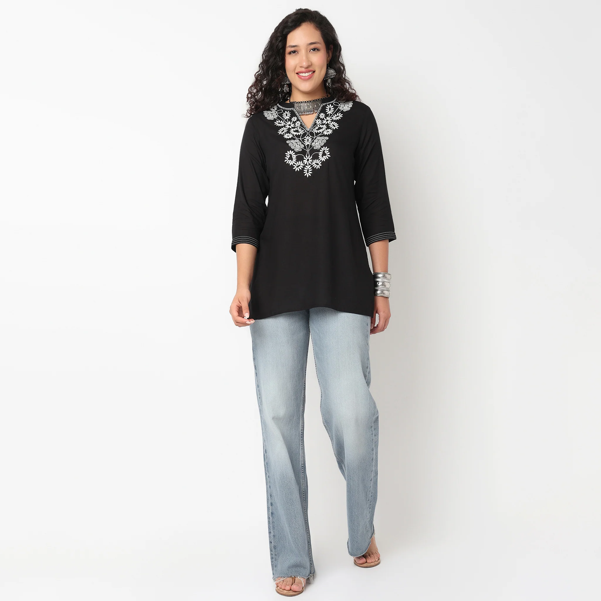 Embroidered V Neck Short Kurti