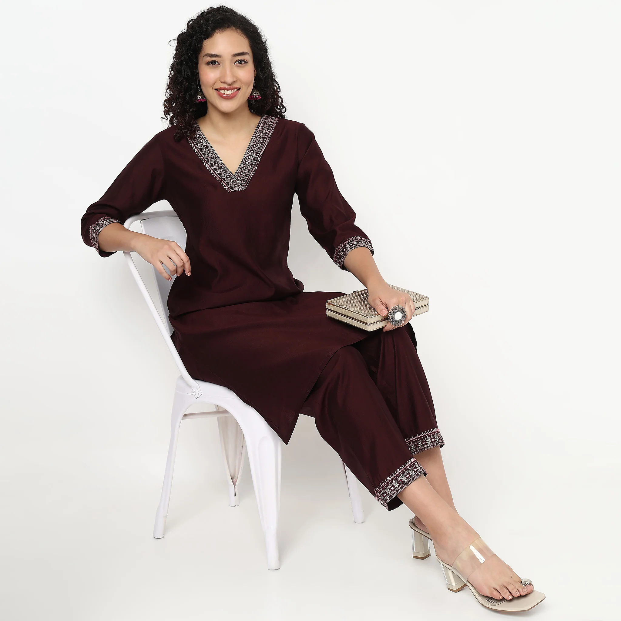 Embroidered V-Neck Straight Kurta