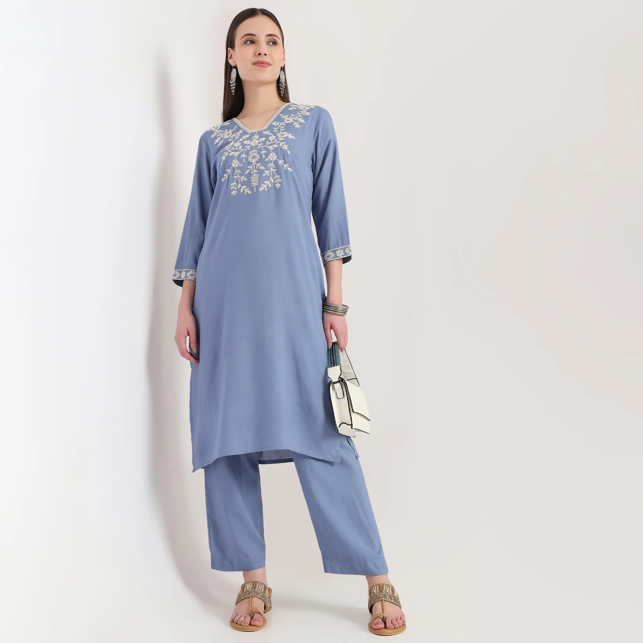 Embroidered V-Neck Straight Kurta with Pant Set