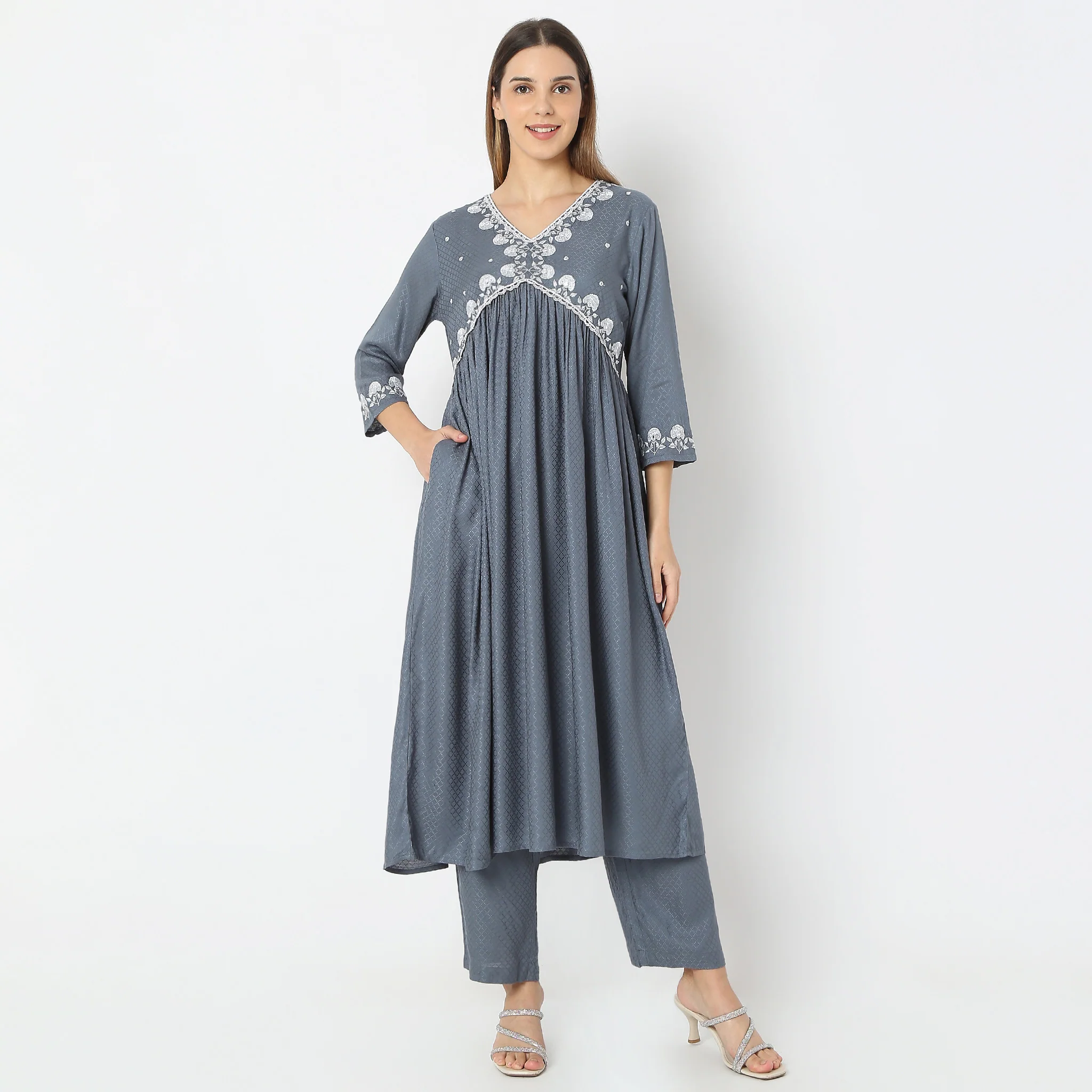 Embroidered V-Neck Traditional A-Line Kurta And Pant With Dupatta Set - Image 2