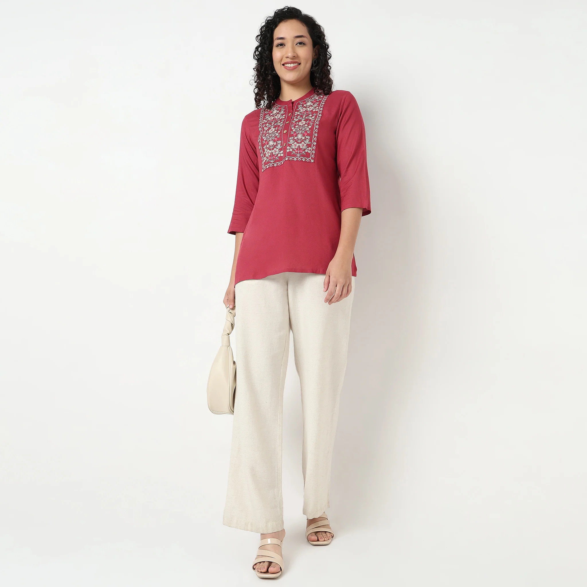 Embroidered Band Neck A Line Short Kurta