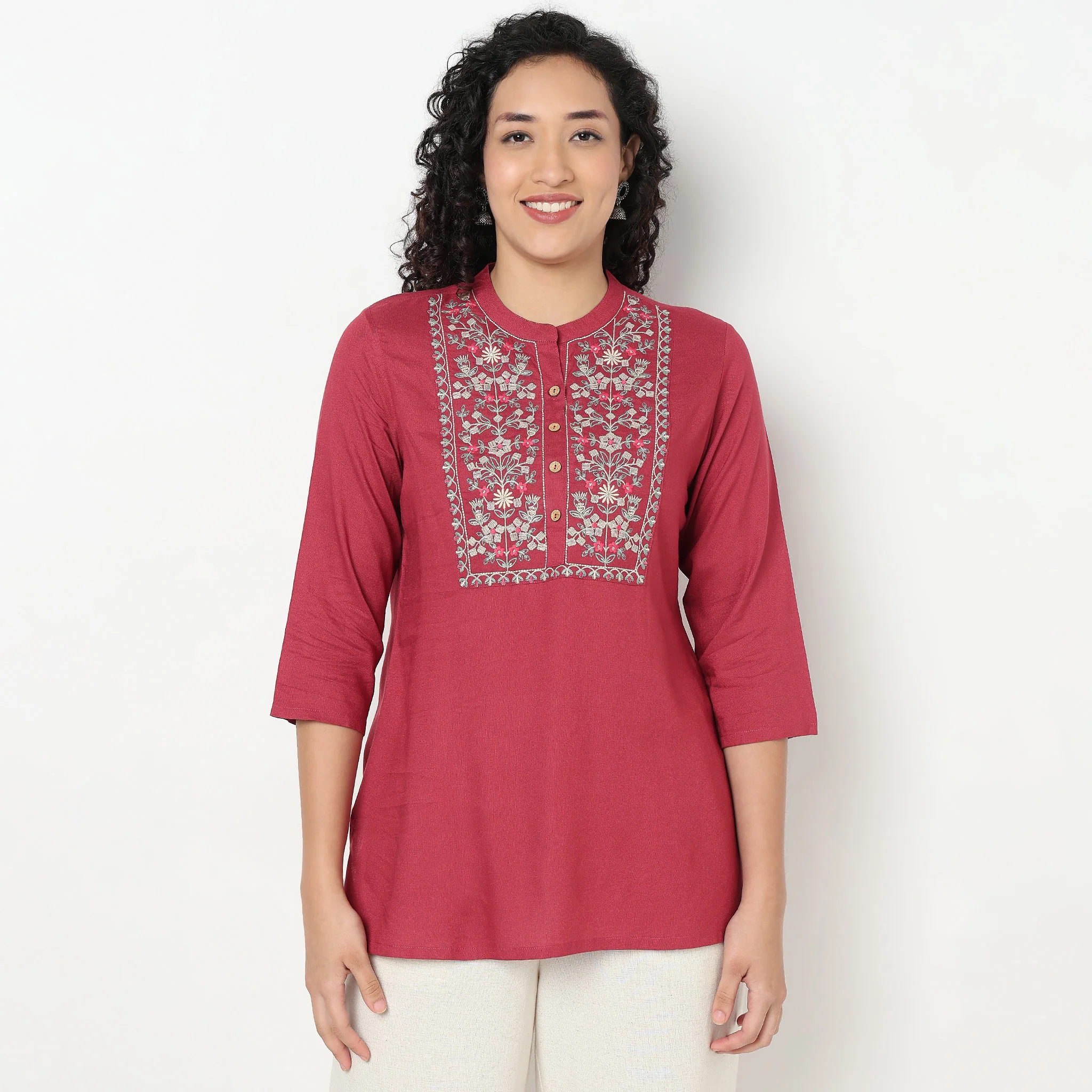 Embroidered Band Neck A Line Short Kurta - Image 2