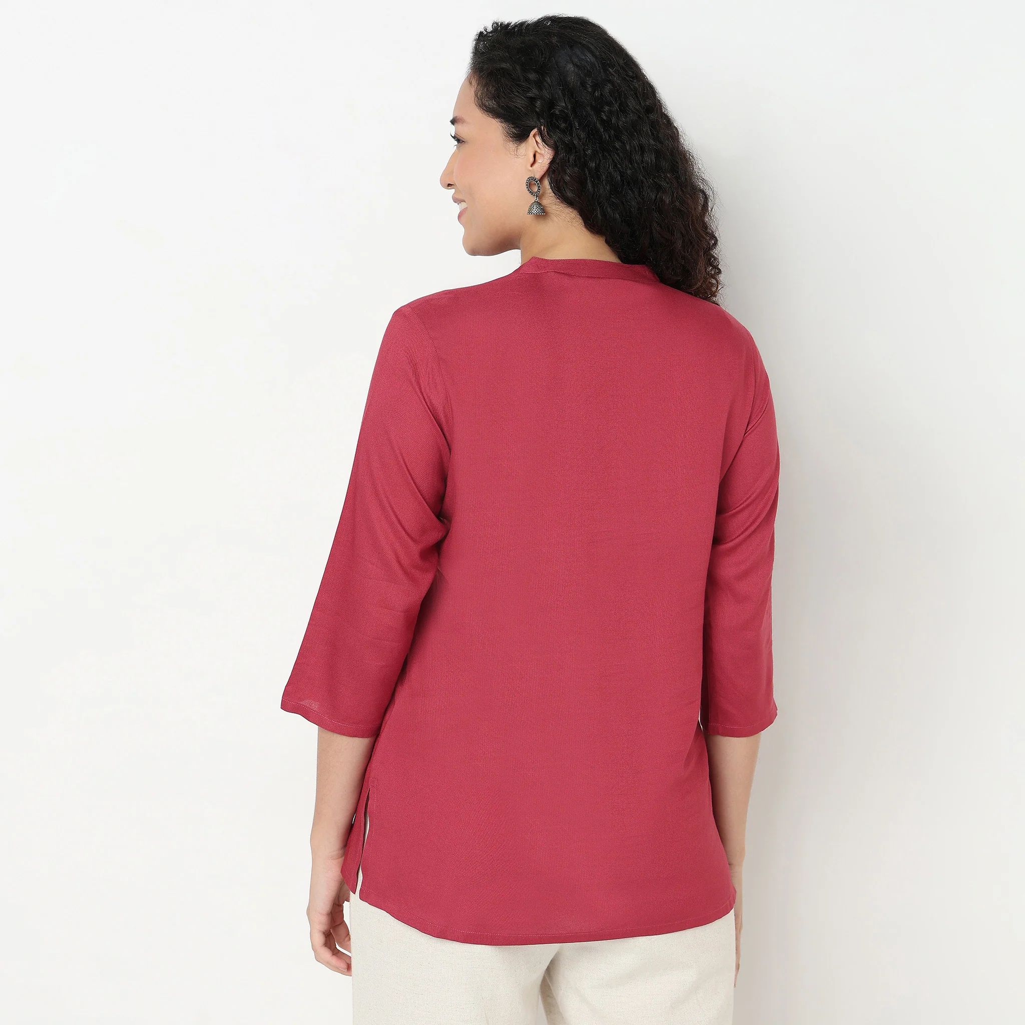 Embroidered Band Neck A Line Short Kurta - Image 3