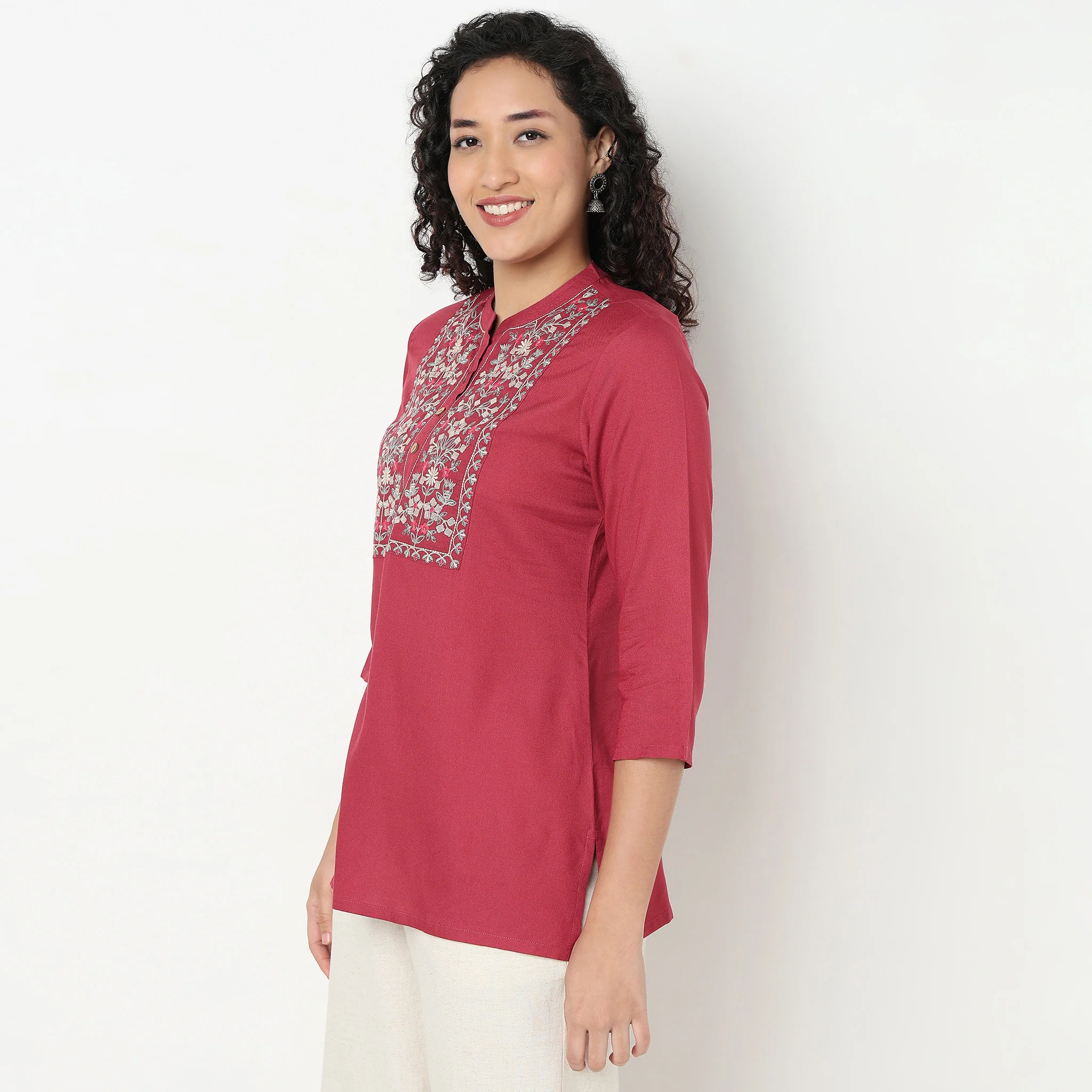 Embroidered Band Neck A Line Short Kurta - Image 5