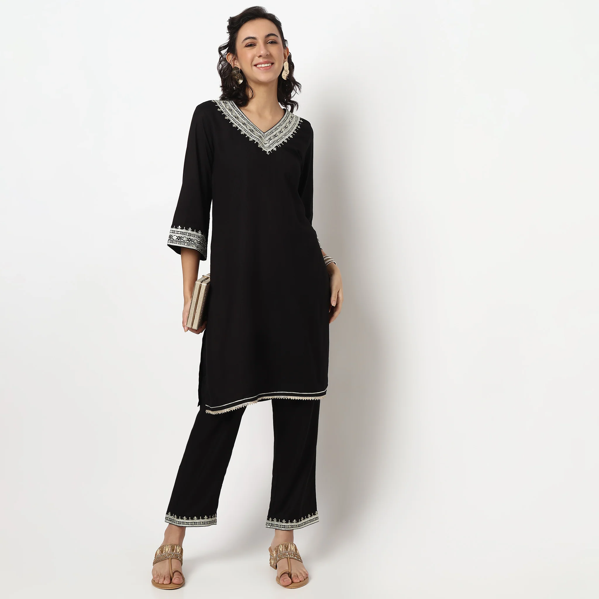 Embroidered V Neck Kurta Set