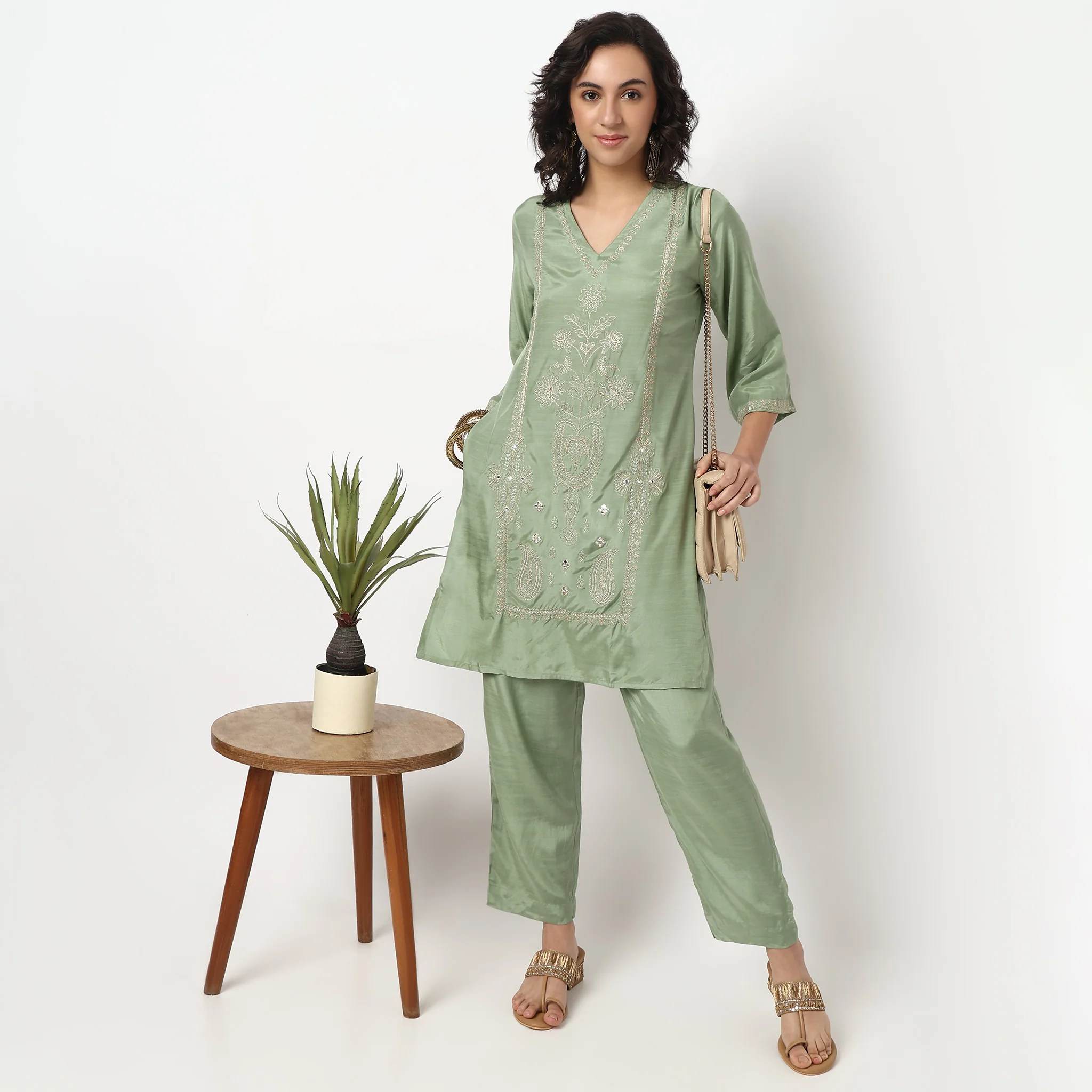 Embroidered V Neck Kurta Set