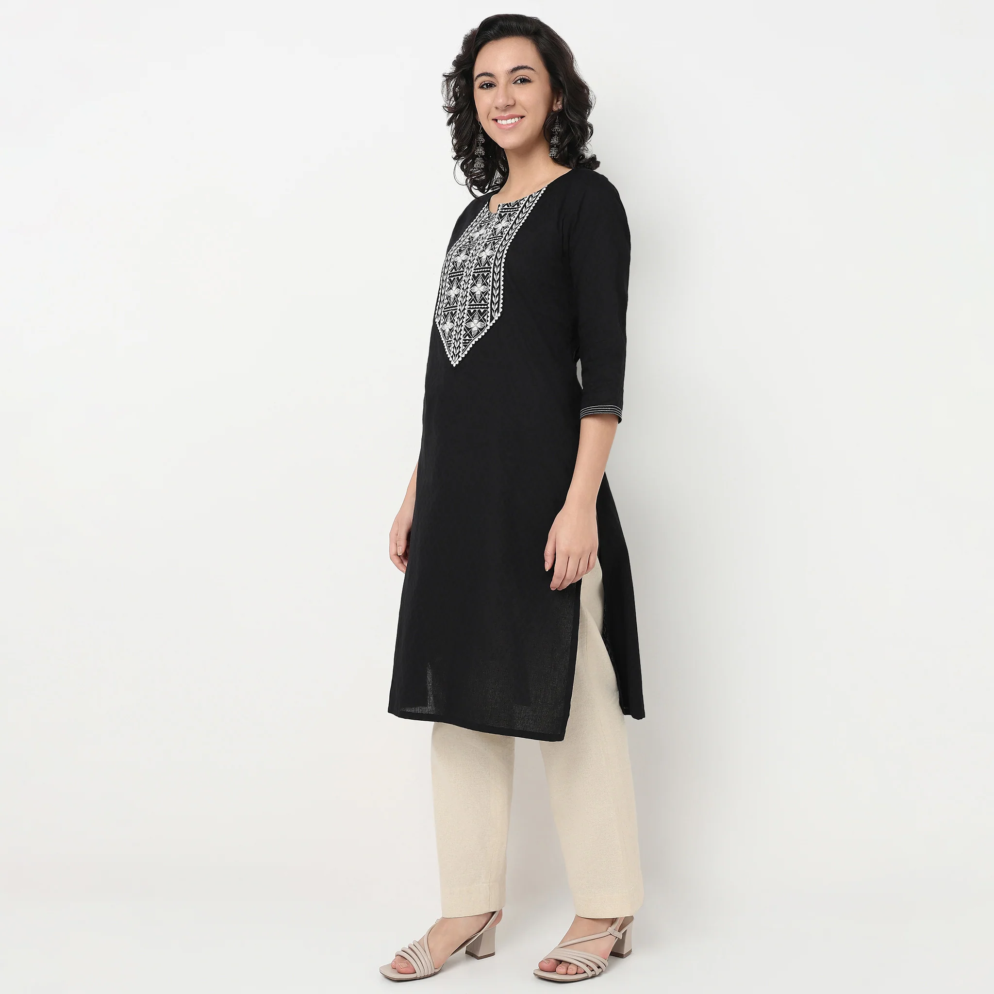 Embroidered Yoke Cotton Dobby Kurta - Image 5