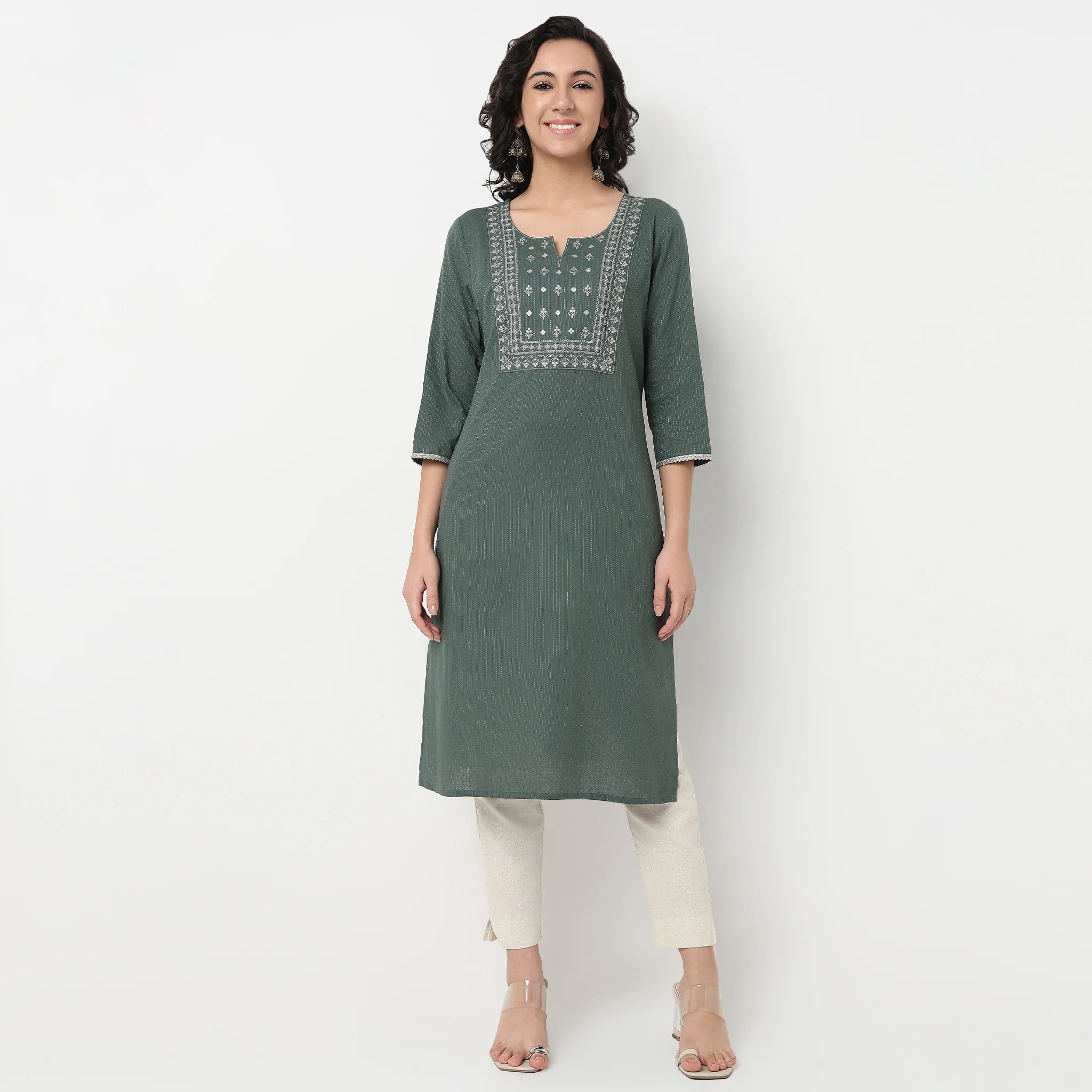 Embroidered Yoke Cotton Dobby Kurta - Image 3