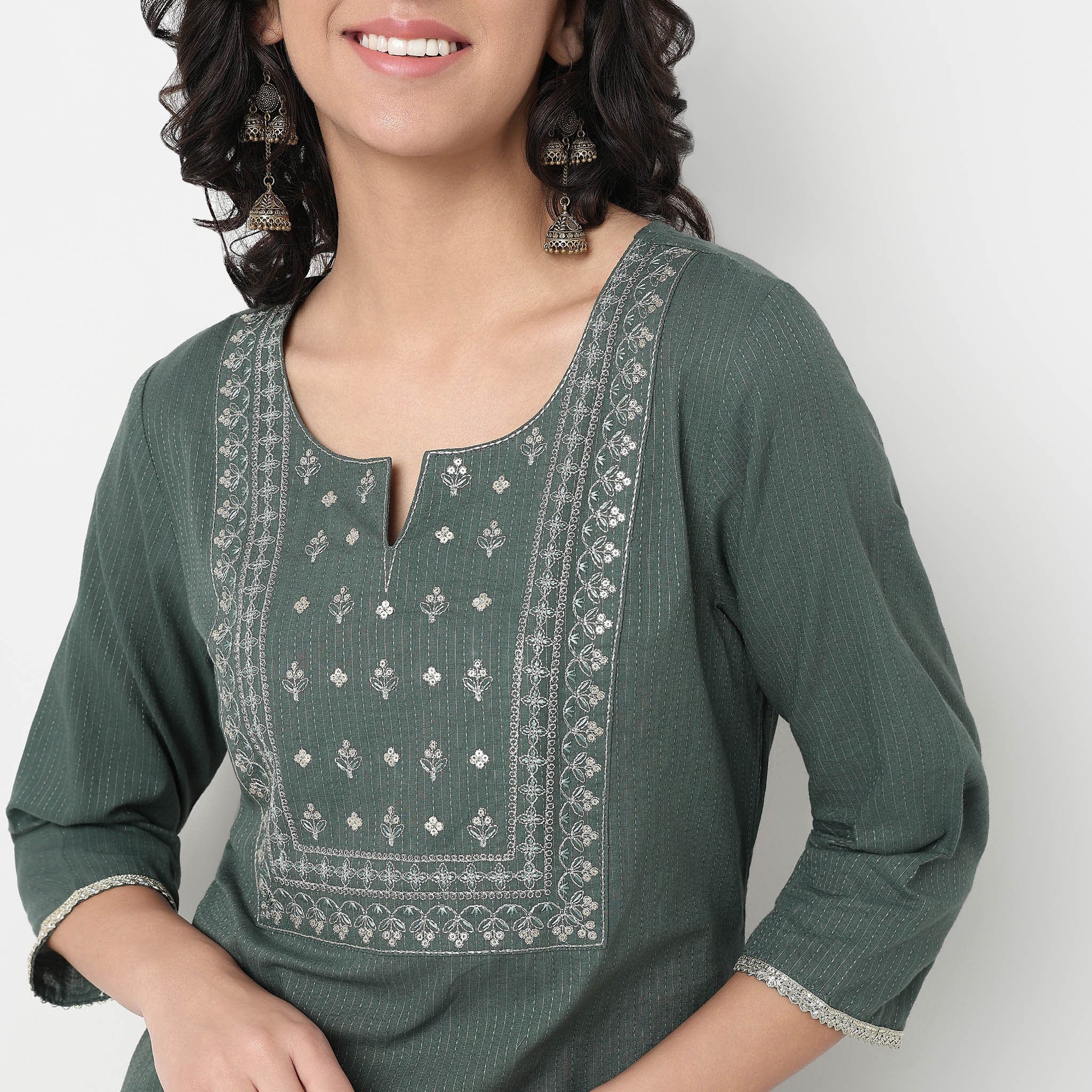 Embroidered Yoke Cotton Dobby Kurta - Image 5