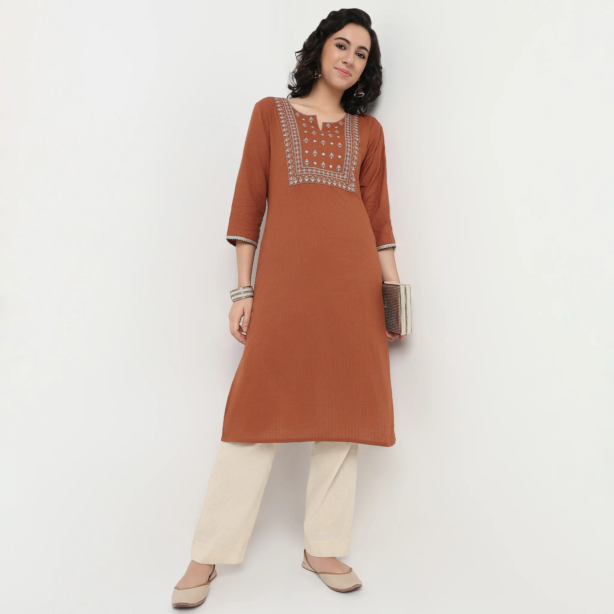 Embroidered Yoke Cotton Dobby Kurta - Image 7