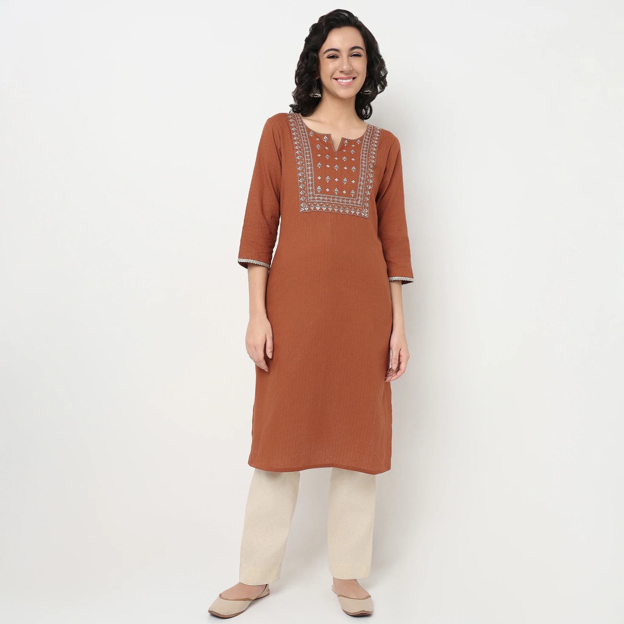 Embroidered Yoke Cotton Dobby Kurta - Image 8