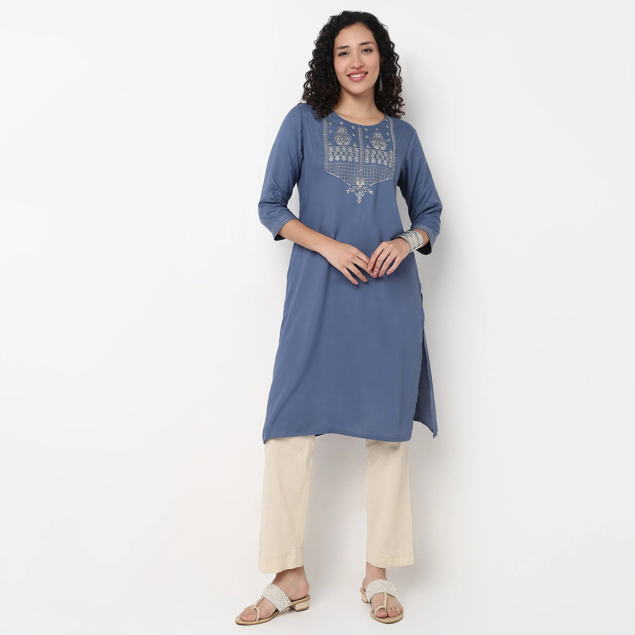 Embroidered Yoke Long Kurta - Image 2