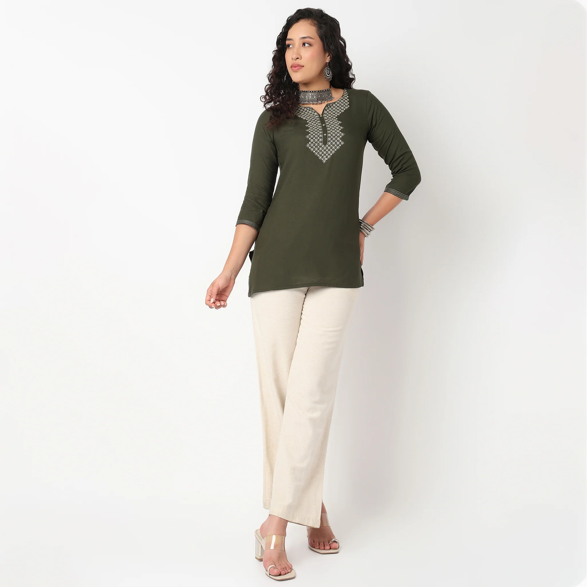 Embroidered Yoke Short Kurti