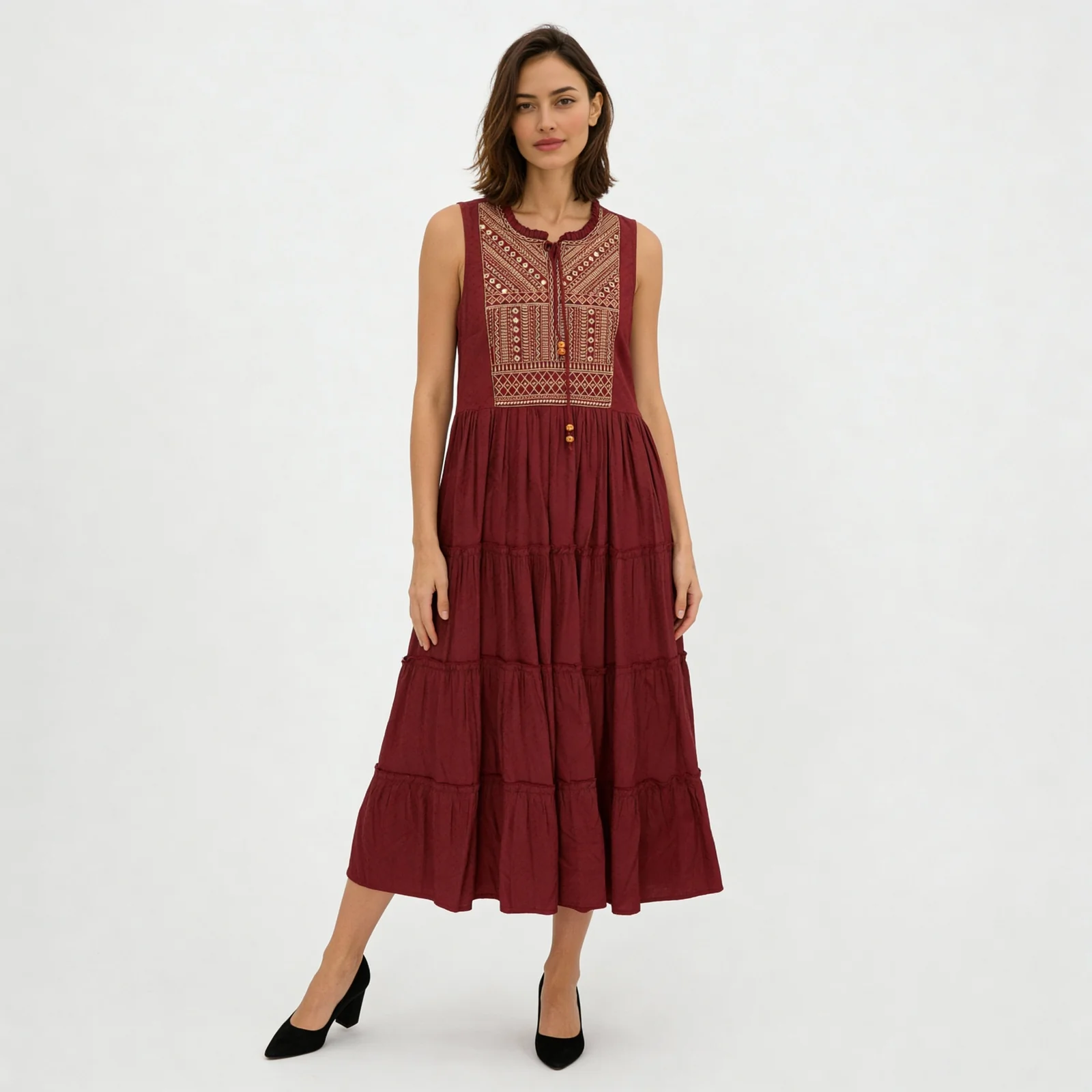 Embroidered Yoke Tiered Dress - Image 2