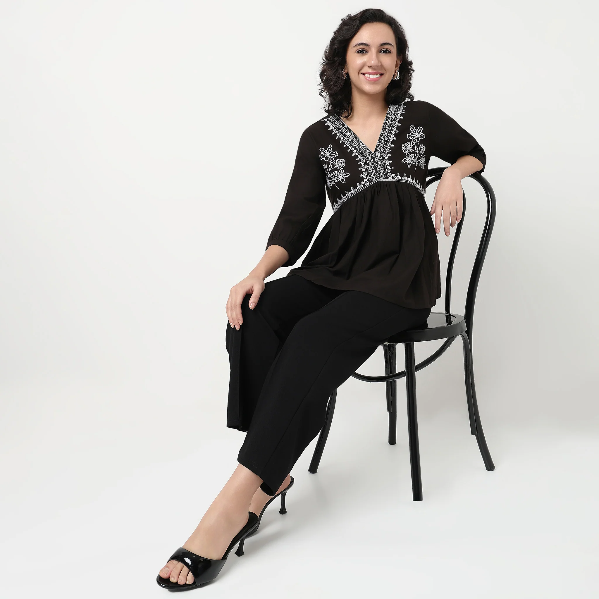 Embroidered Yoke V-Neck Alia Cut Top