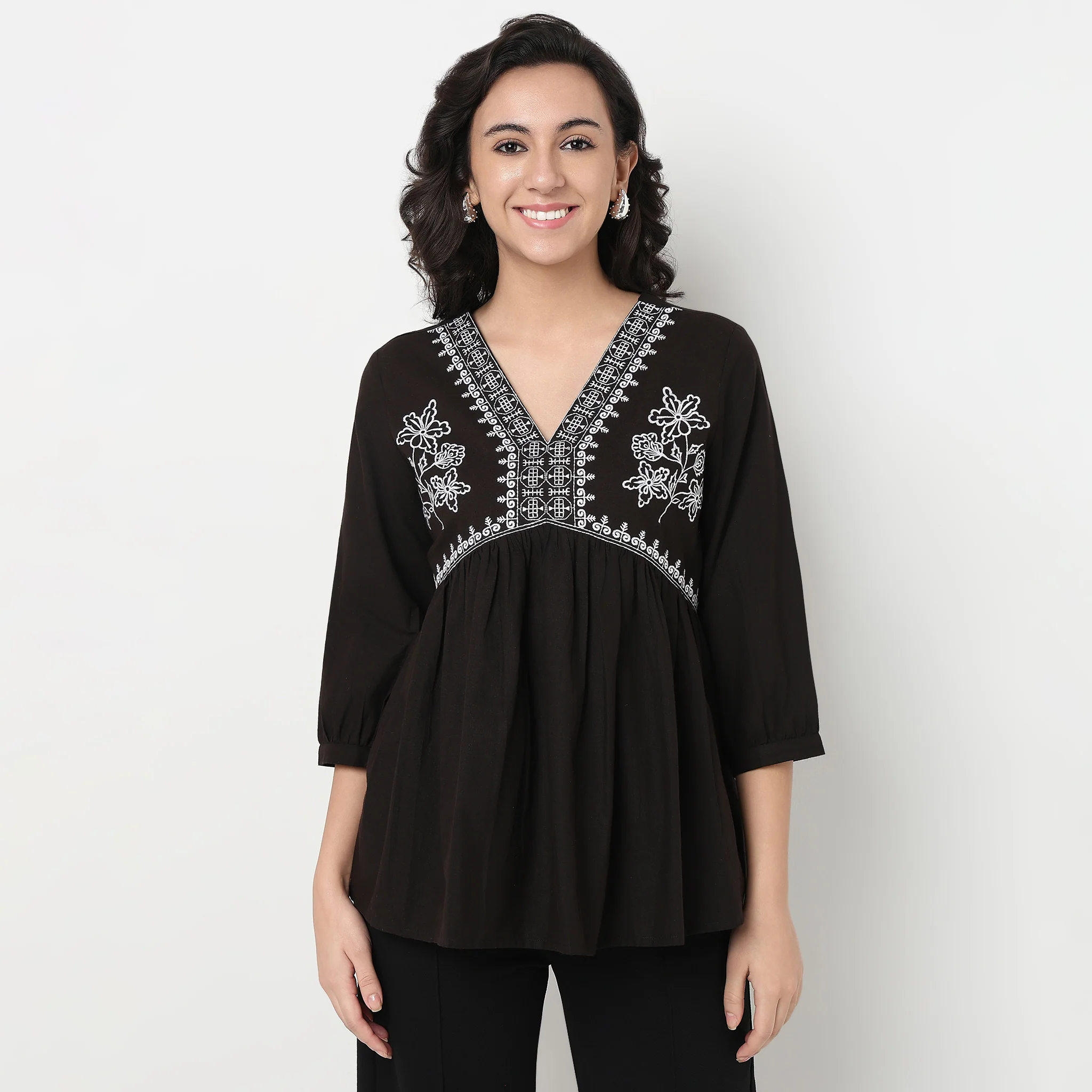 Embroidered Yoke V-Neck Alia Cut Top - Image 2