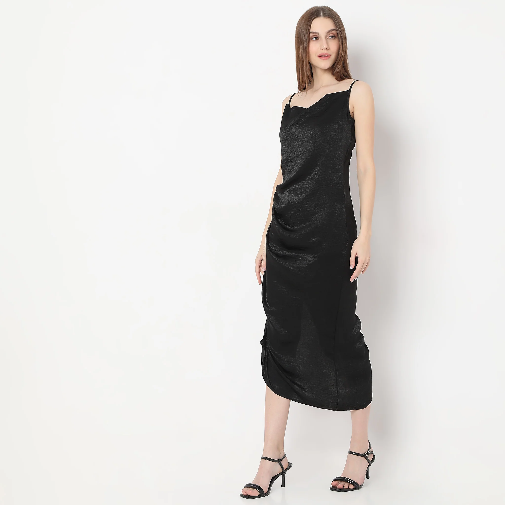 Fitted Calf Length Solid Sleeveless Dress - Image 5