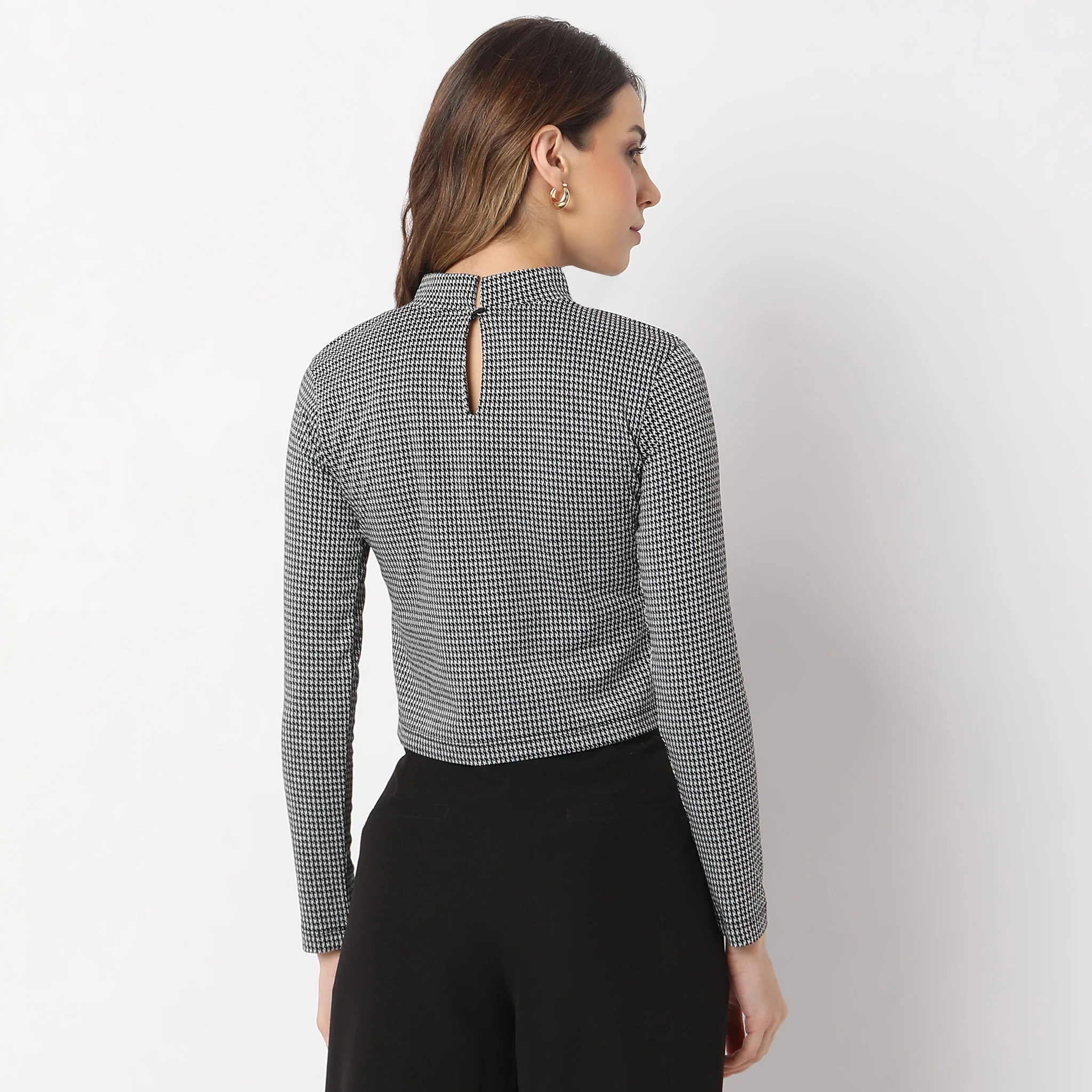 Fitted Houndstooth Mock Turtle Neck Full Sleeve T-Shirt - Image 3
