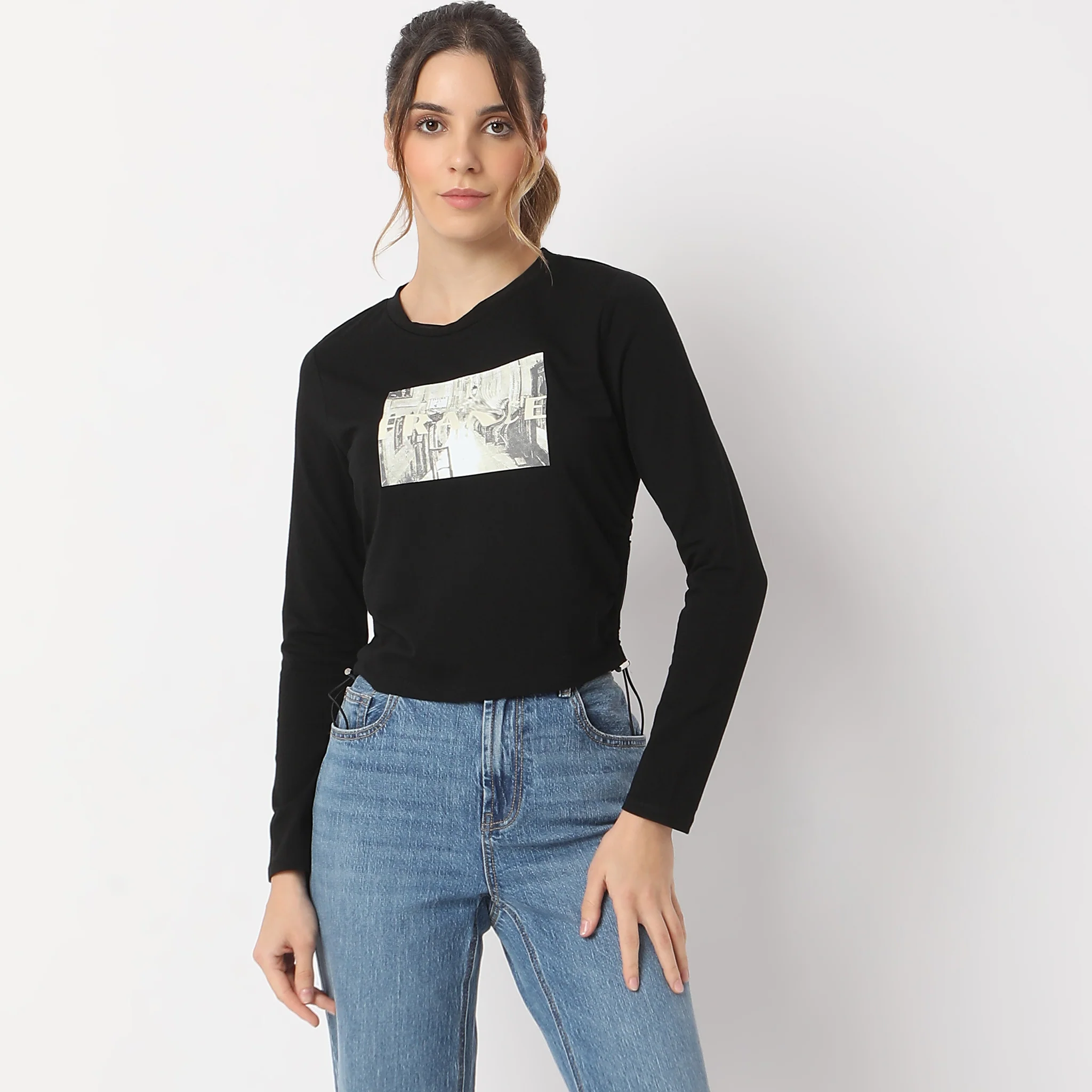 Fitted Printed Full Sleeve Side Ruching With Front Print T-Shirt - Image 2