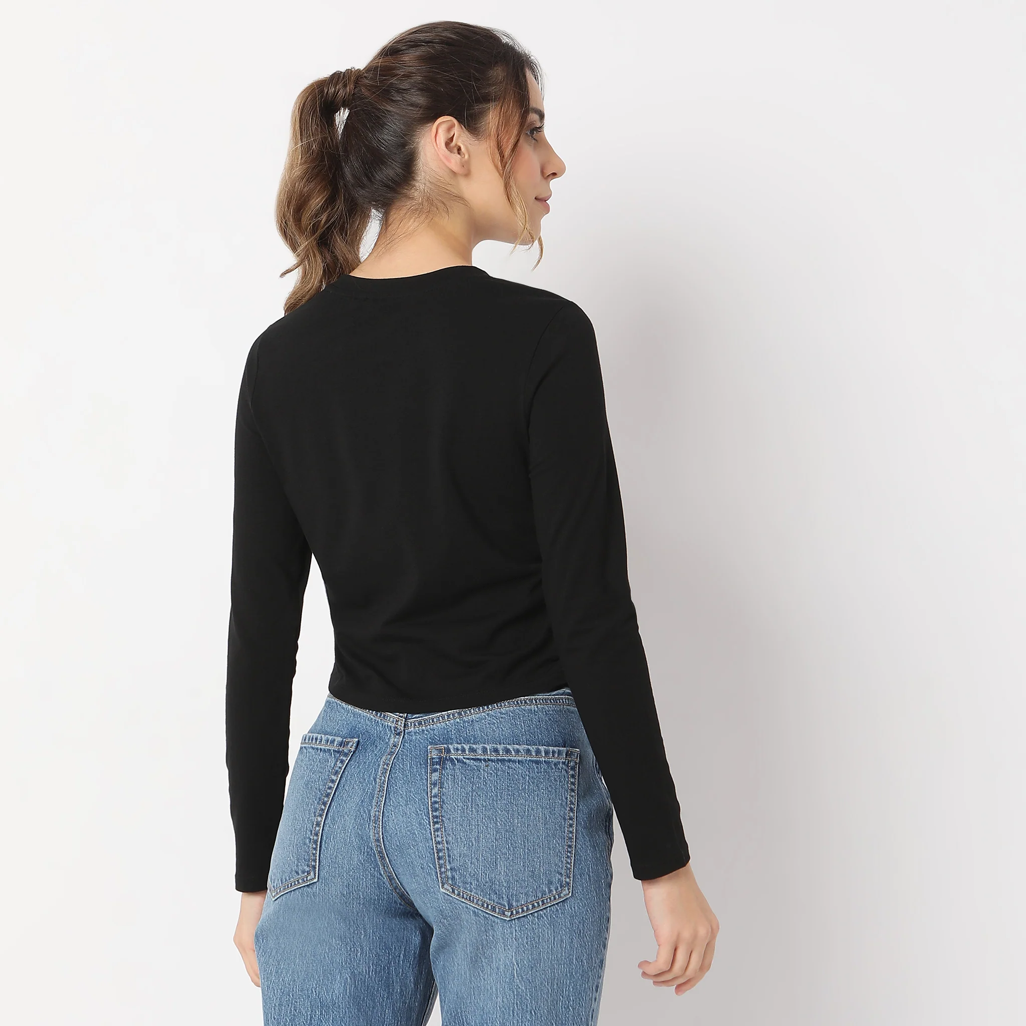 Fitted Printed Full Sleeve Side Ruching With Front Print T-Shirt - Image 3