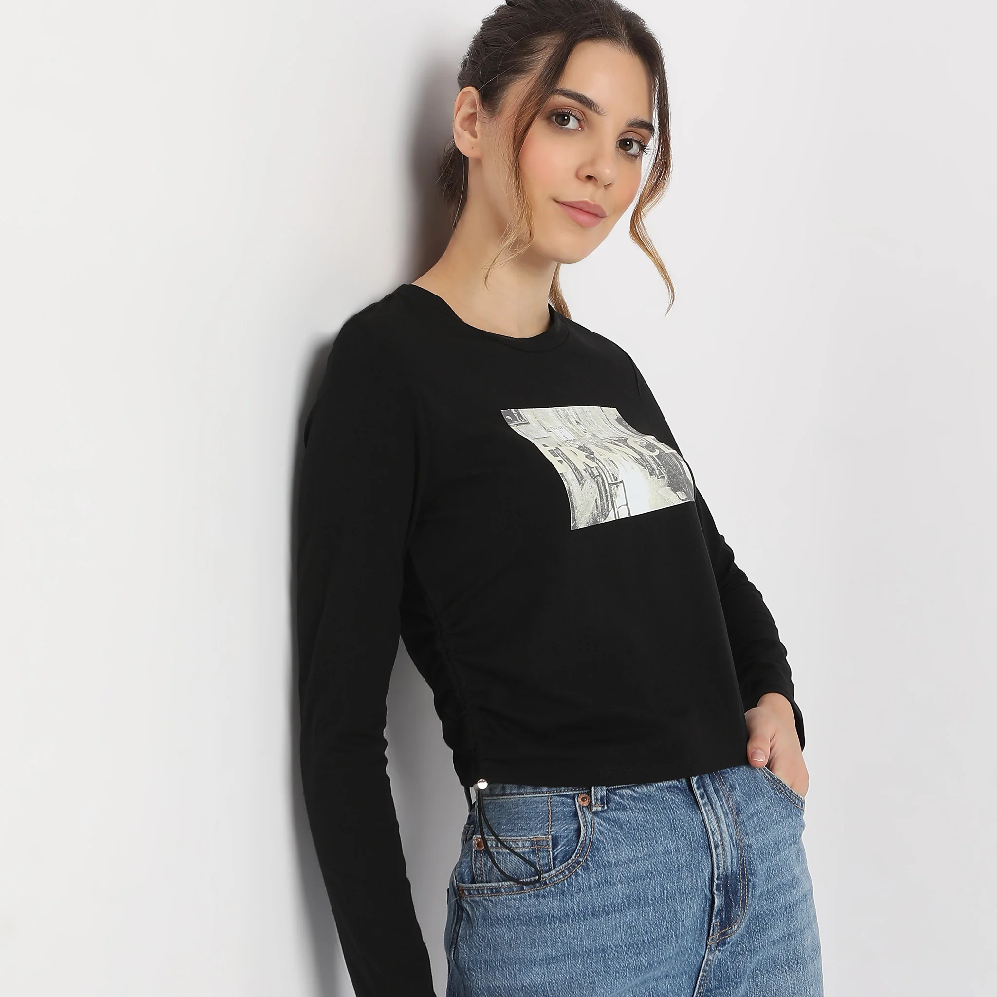 Fitted Printed Full Sleeve Side Ruching With Front Print T-Shirt - Image 4