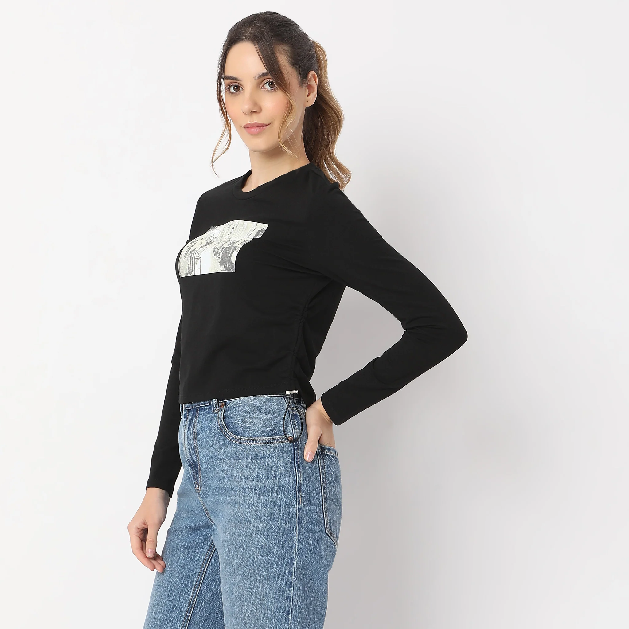 Fitted Printed Full Sleeve Side Ruching With Front Print T-Shirt - Image 5