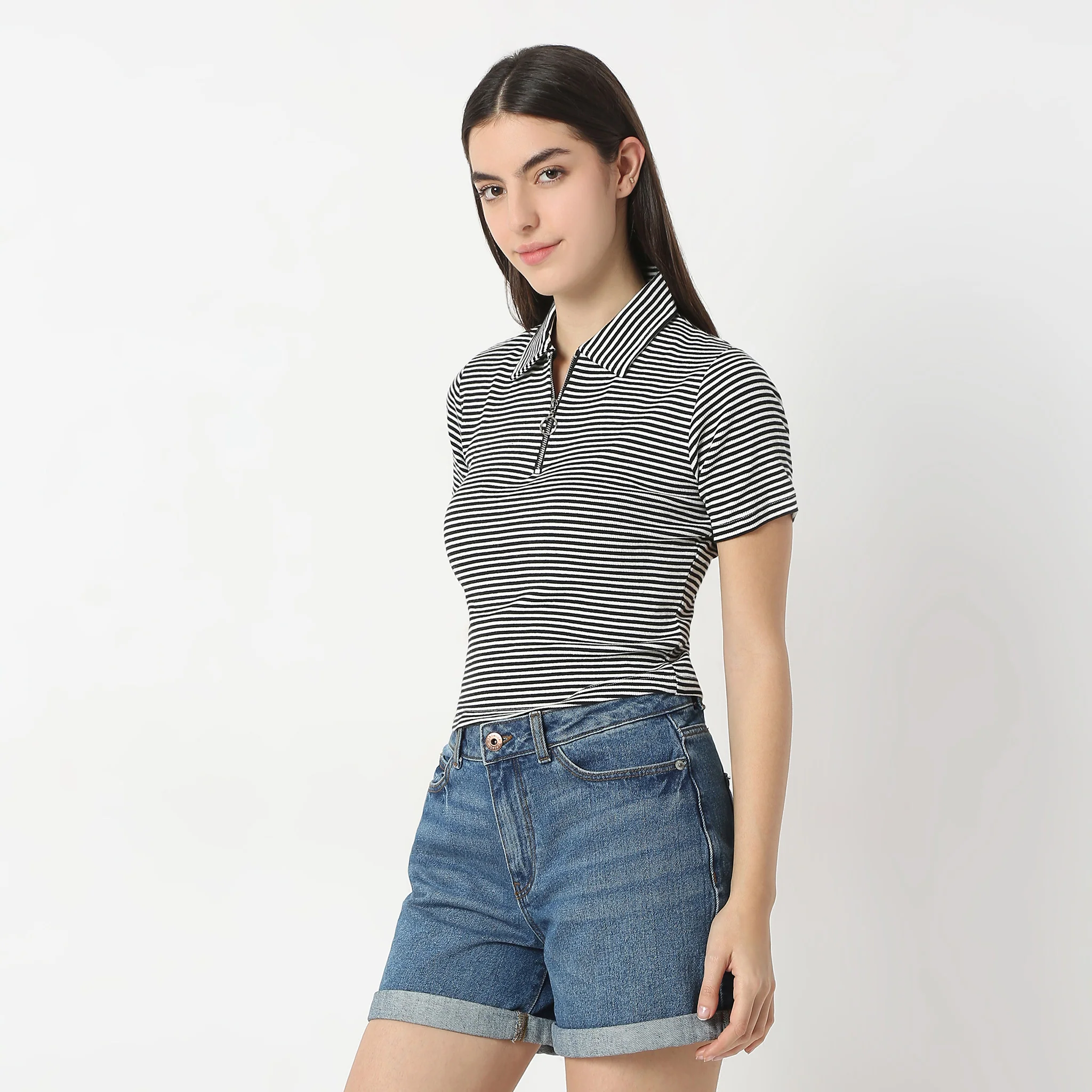 Striped Polo T-Shirt With Mock Neck Zipper - Image 10