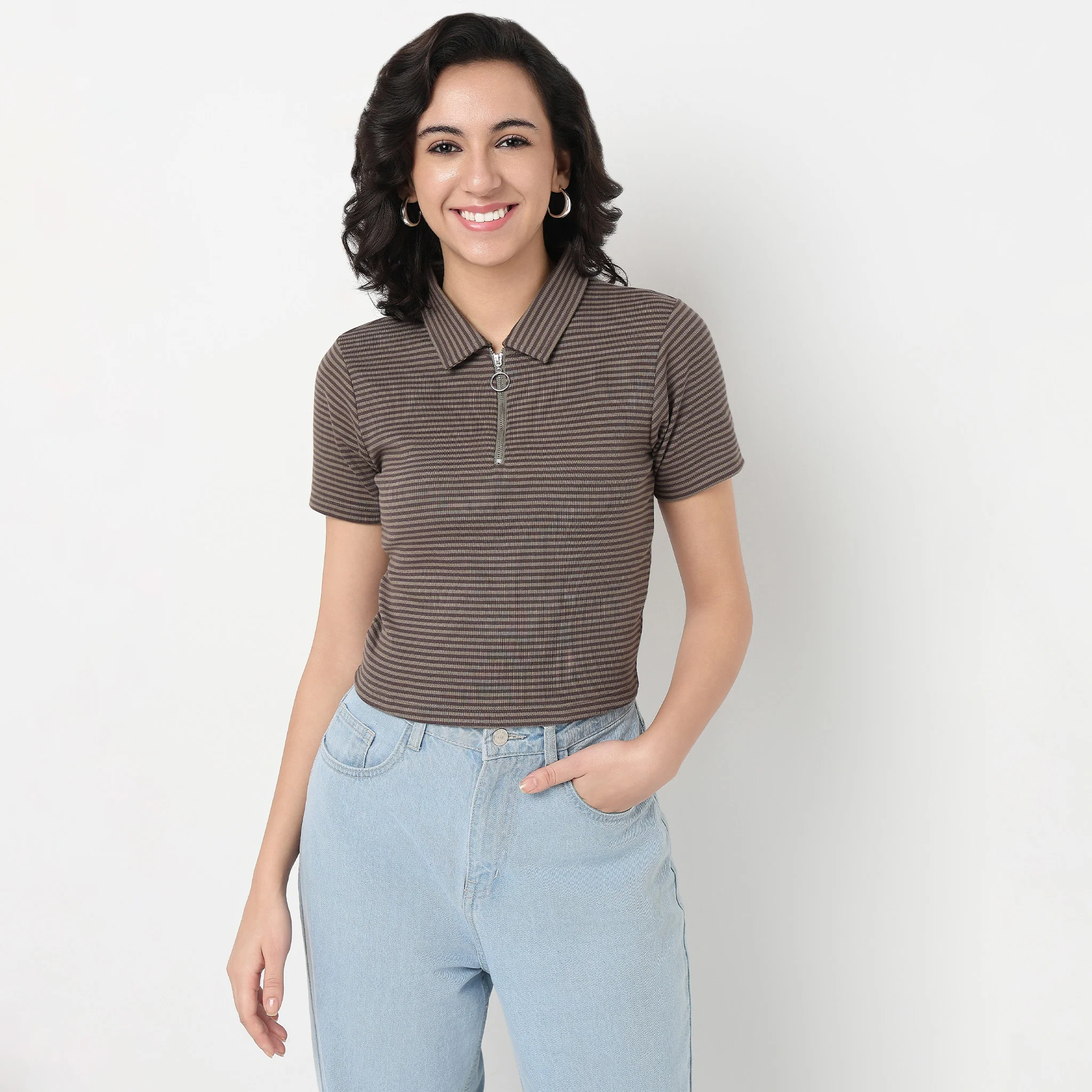 Striped Polo T-Shirt With Mock Neck Zipper - Image 12