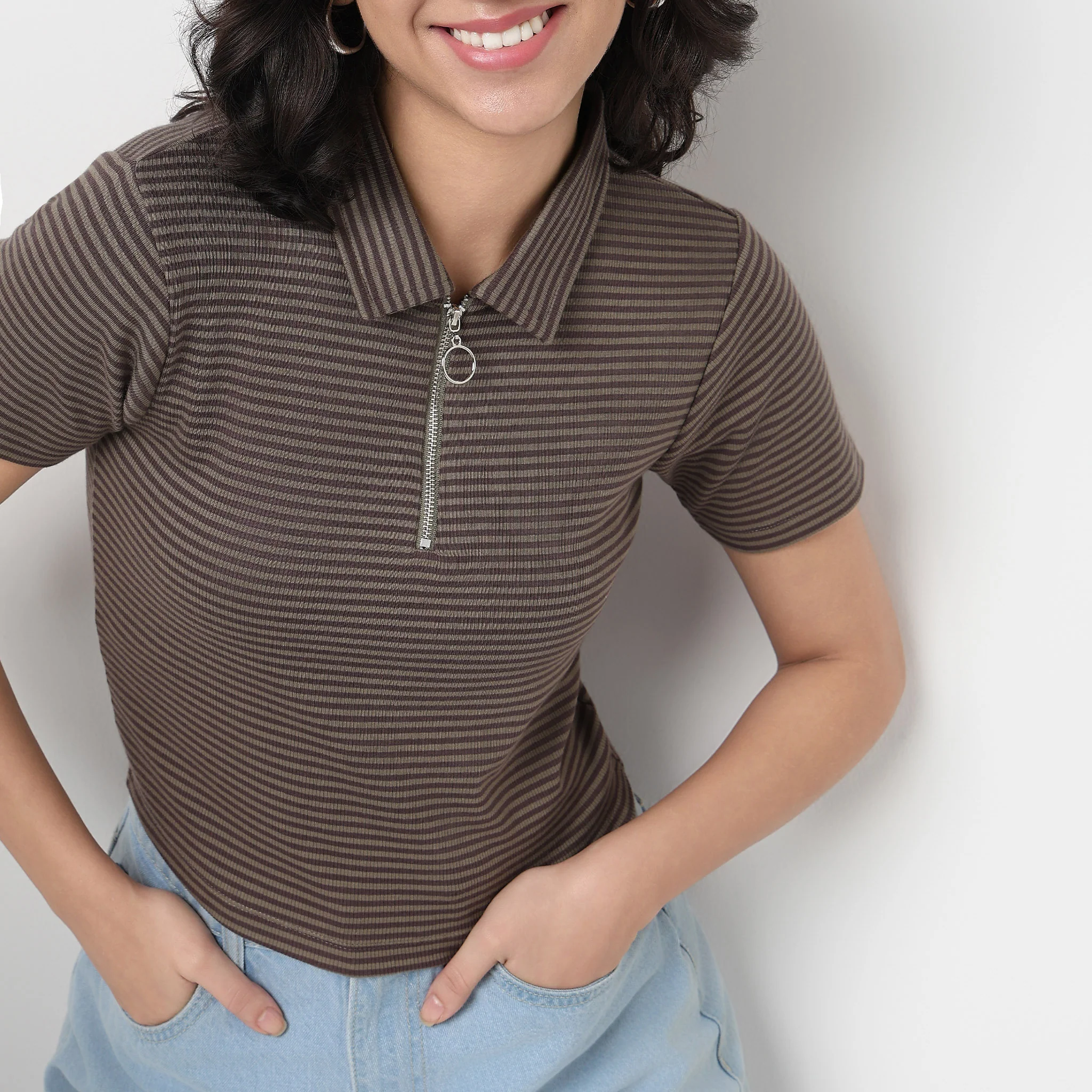Striped Polo T-Shirt With Mock Neck Zipper - Image 14