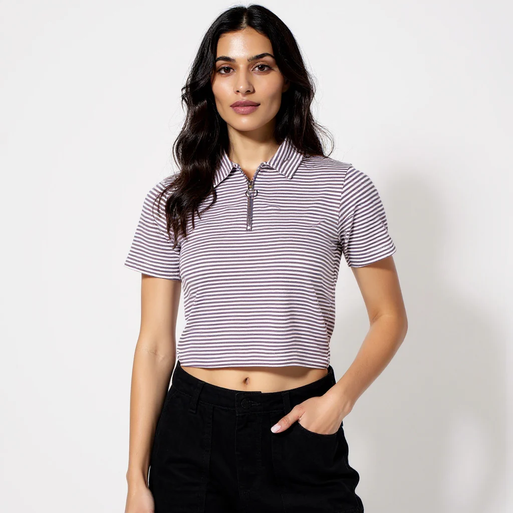 Striped Polo T-Shirt With Mock Neck Zipper - Image 17