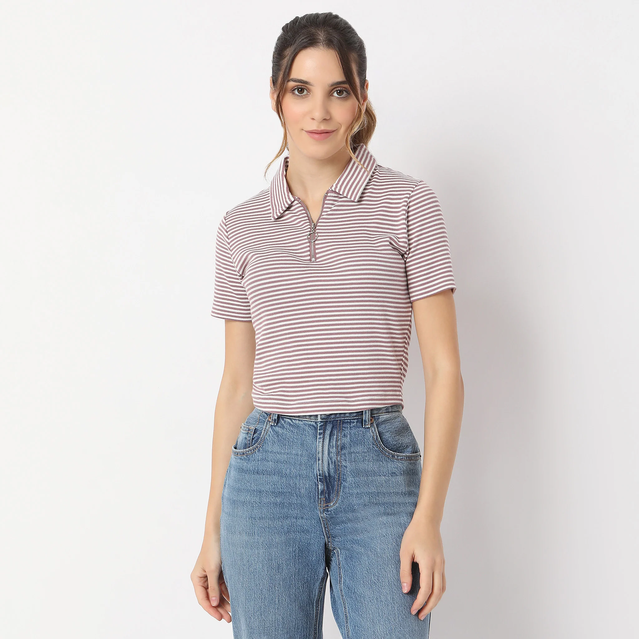 Striped Polo T-Shirt With Mock Neck Zipper - Image 2