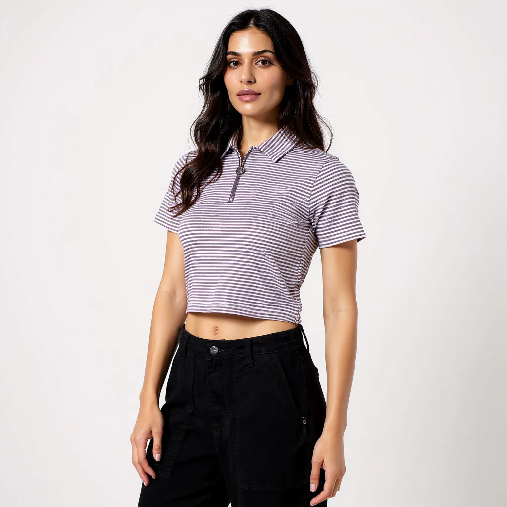 Striped Polo T-Shirt With Mock Neck Zipper - Image 20