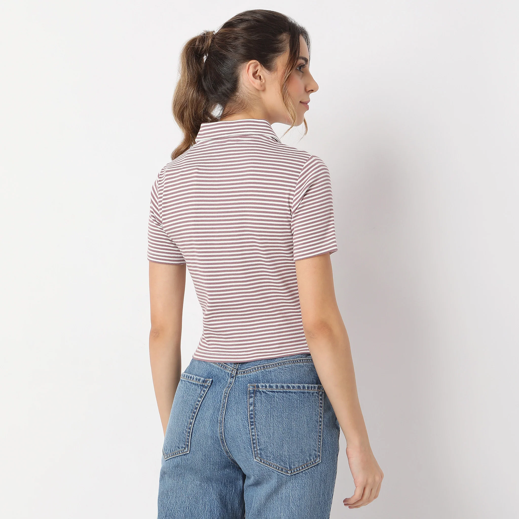 Striped Polo T-Shirt With Mock Neck Zipper - Image 3