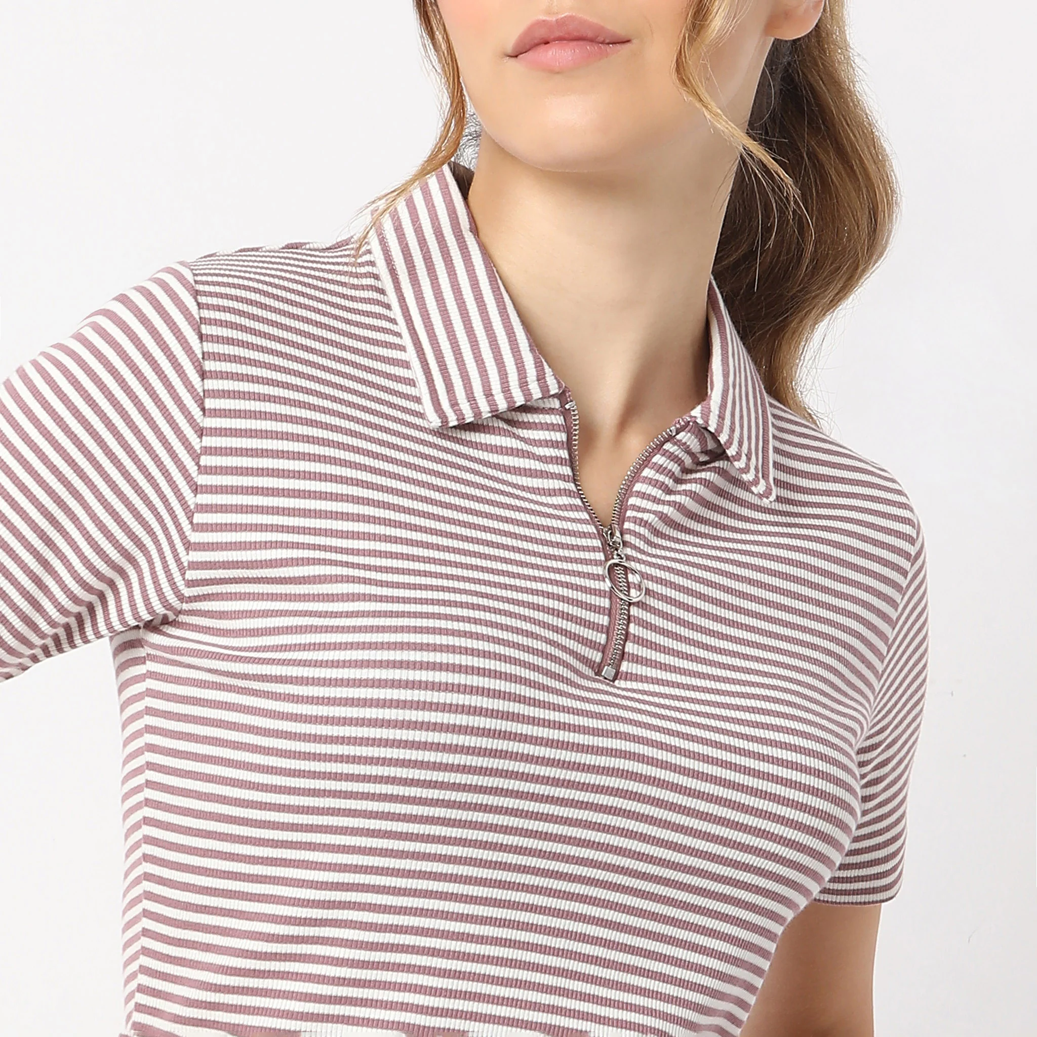 Striped Polo T-Shirt With Mock Neck Zipper - Image 4