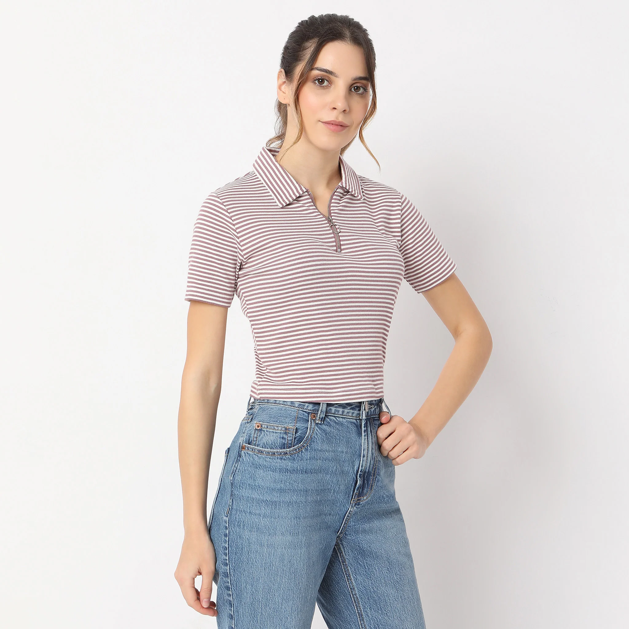 Striped Polo T-Shirt With Mock Neck Zipper - Image 5