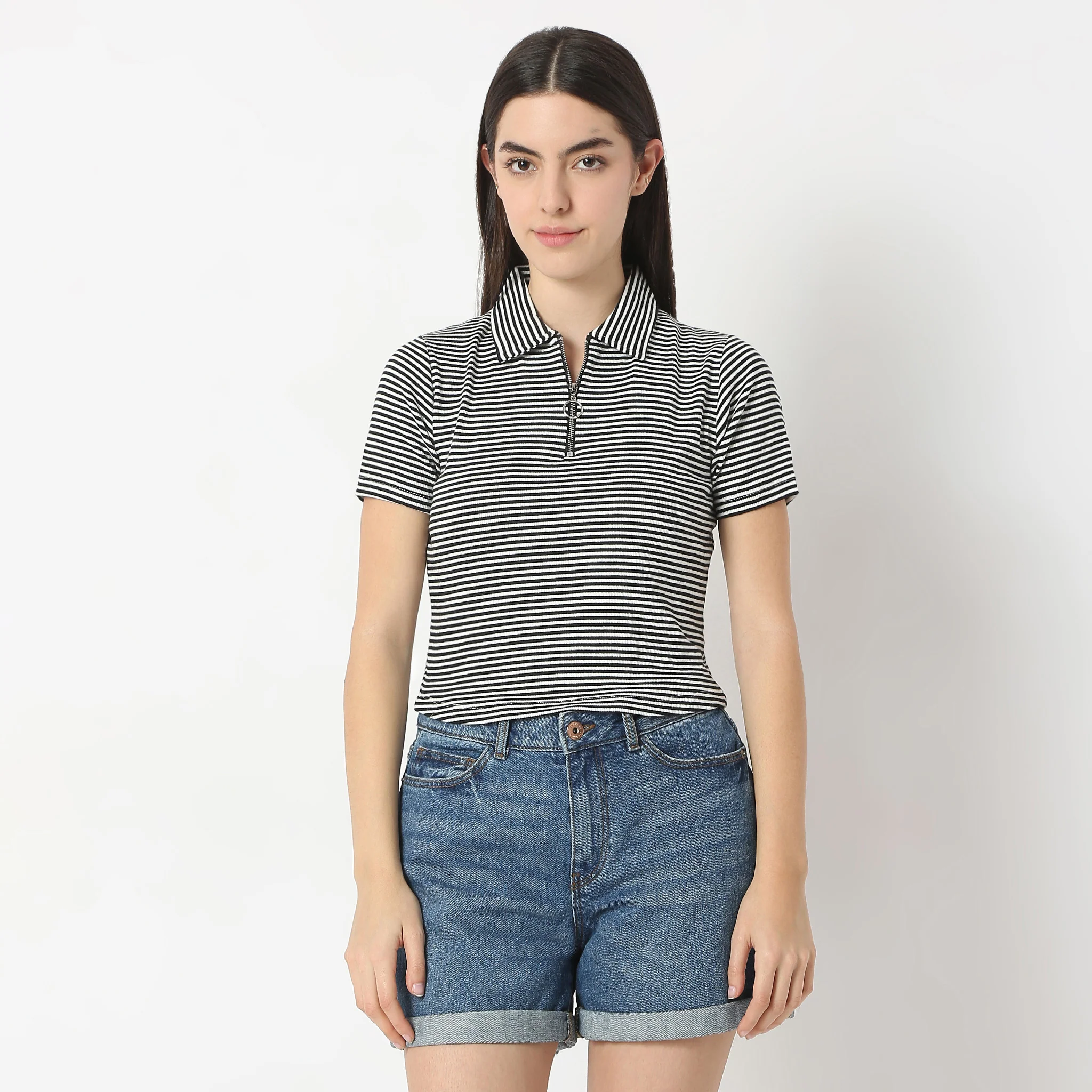 Striped Polo T-Shirt With Mock Neck Zipper - Image 7
