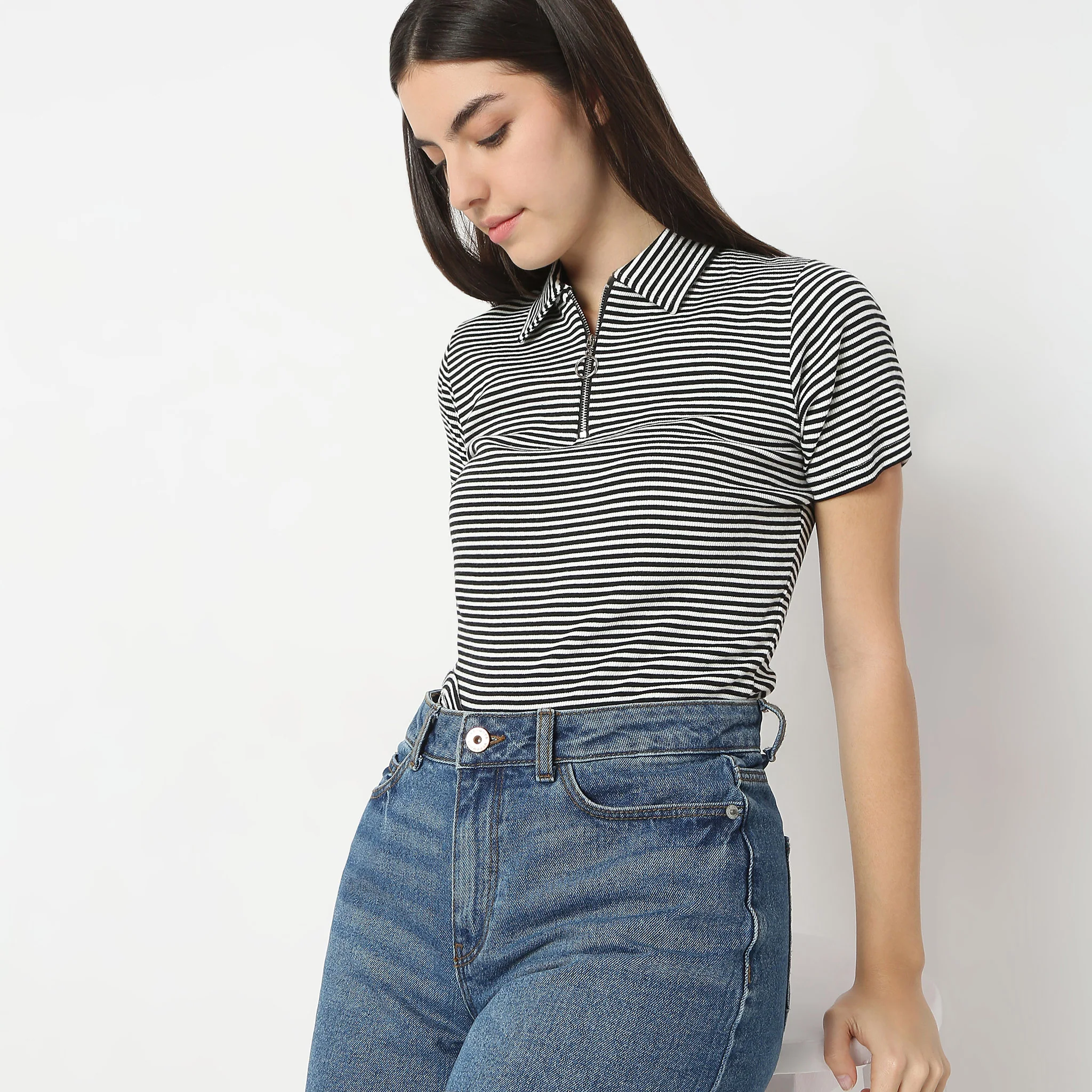 Striped Polo T-Shirt With Mock Neck Zipper - Image 9