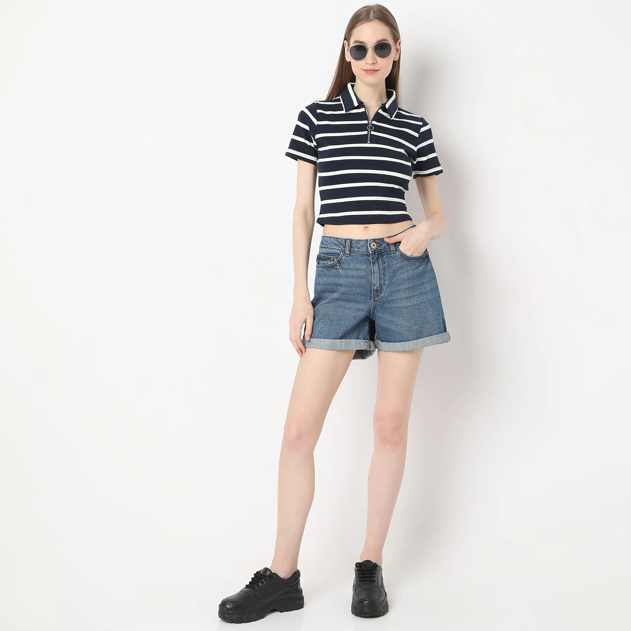 Striped Polo T-Shirt With Mock Neck Zipper