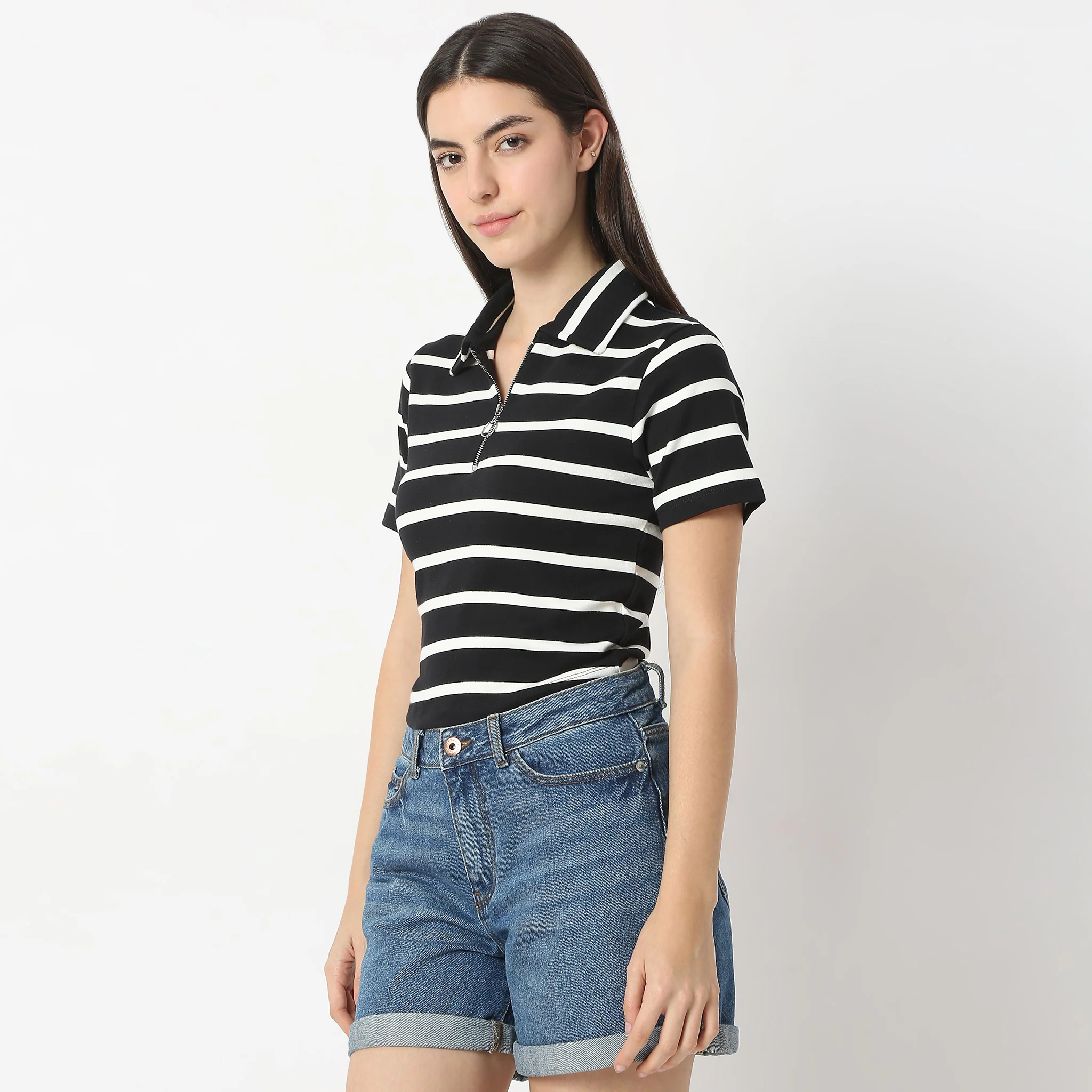 Striped Polo T-Shirt With Mock Neck Zipper - Image 10