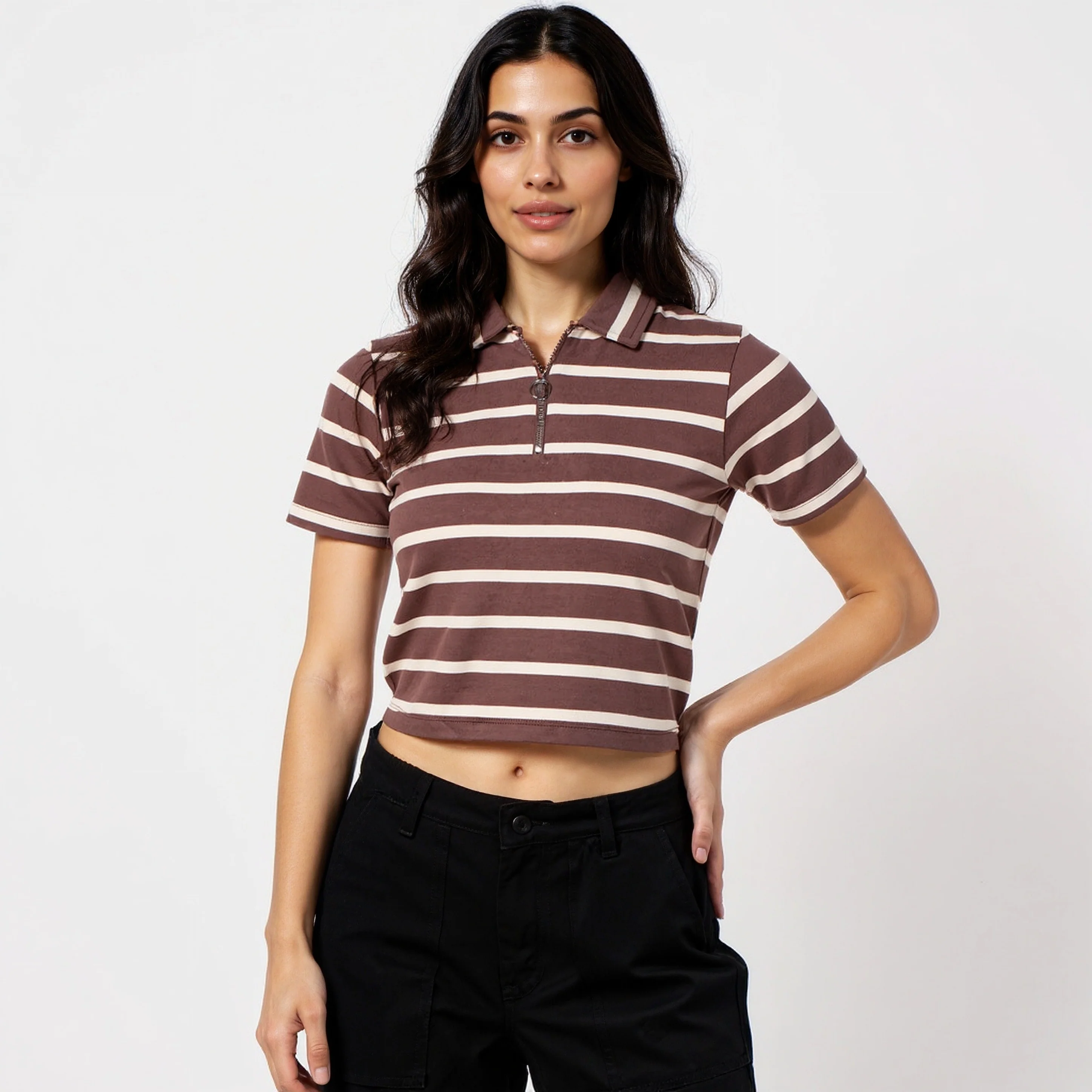 Striped Polo T-Shirt With Mock Neck Zipper - Image 12