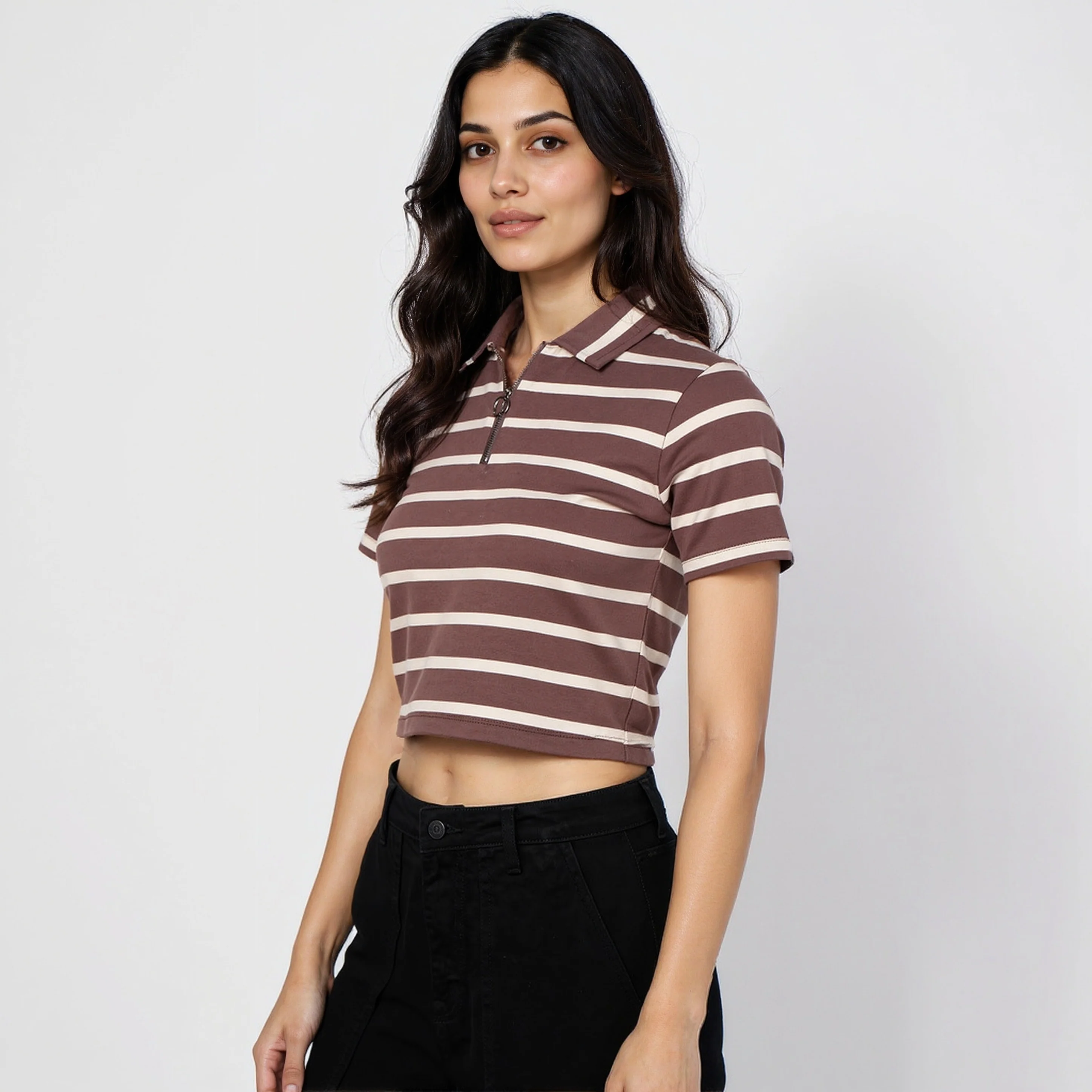 Striped Polo T-Shirt With Mock Neck Zipper - Image 15