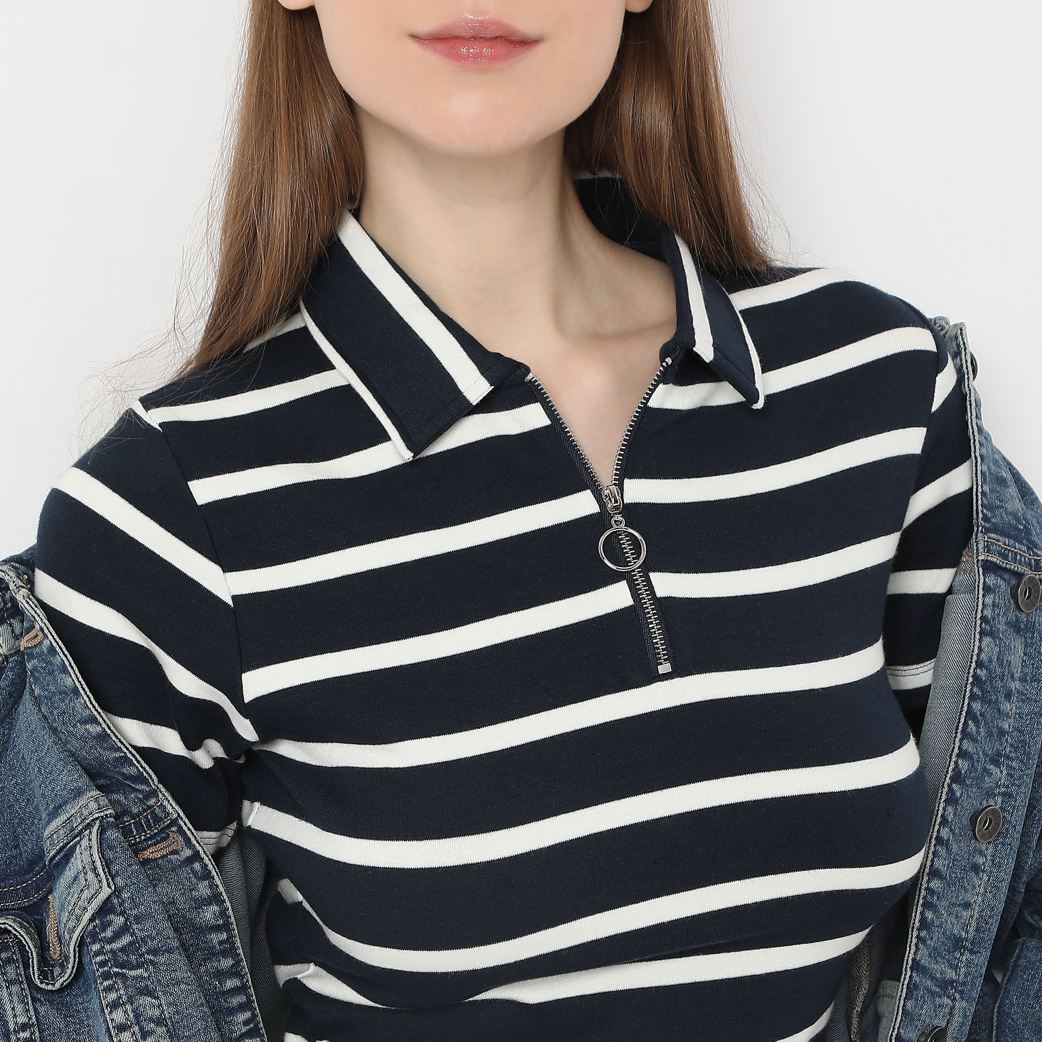 Striped Polo T-Shirt With Mock Neck Zipper - Image 4