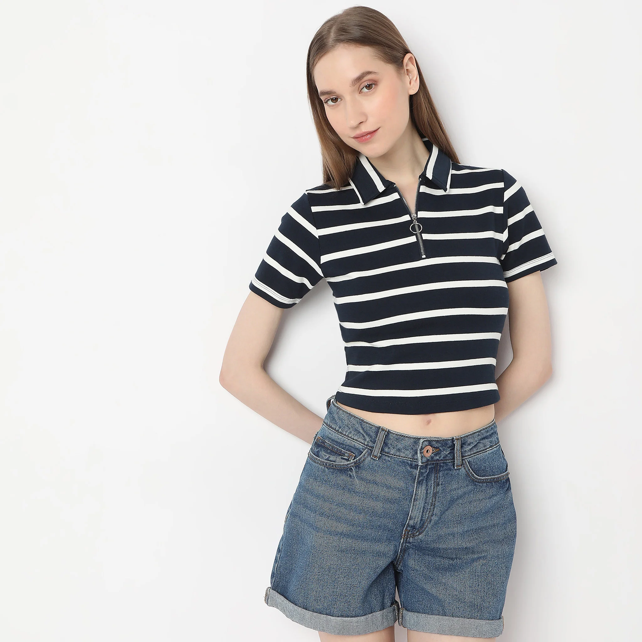 Striped Polo T-Shirt With Mock Neck Zipper - Image 5