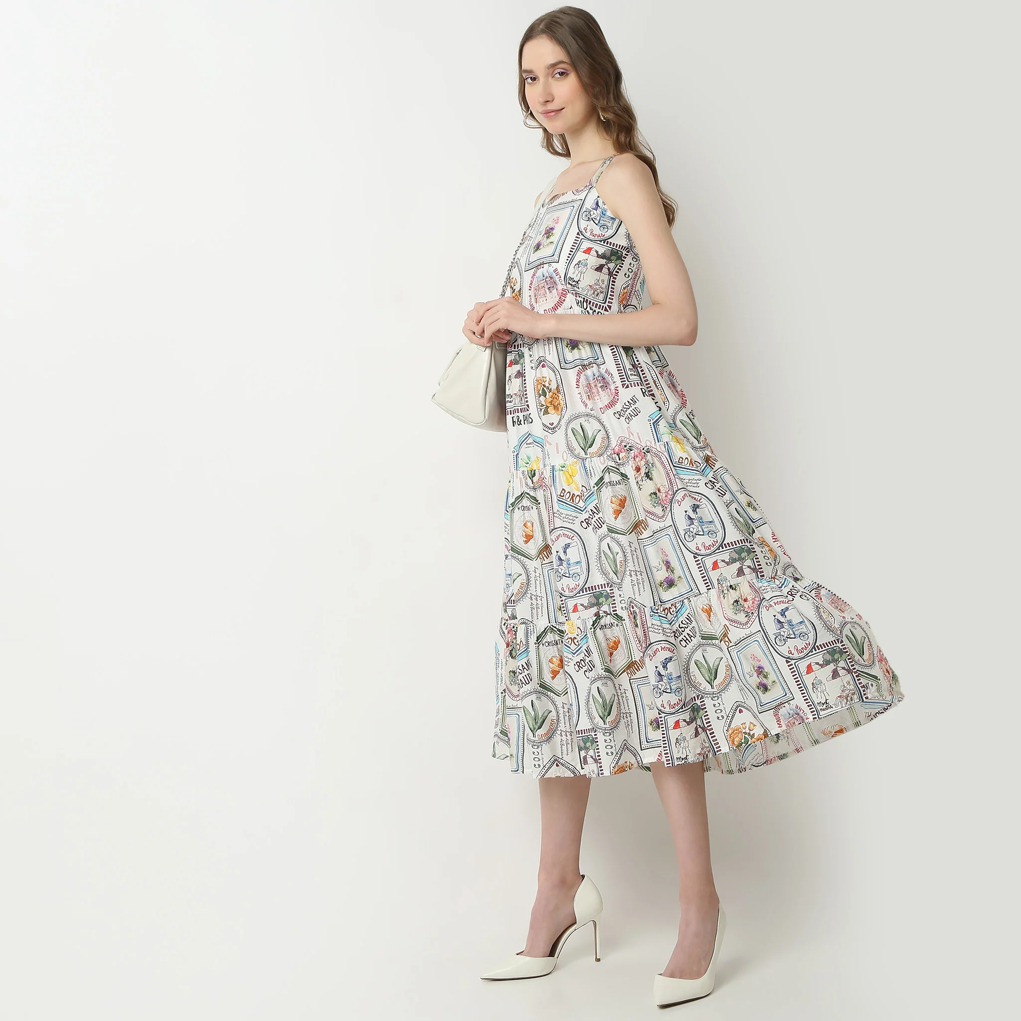 Flare Fit Abstract Square Neck Below Knee Betty Dress
