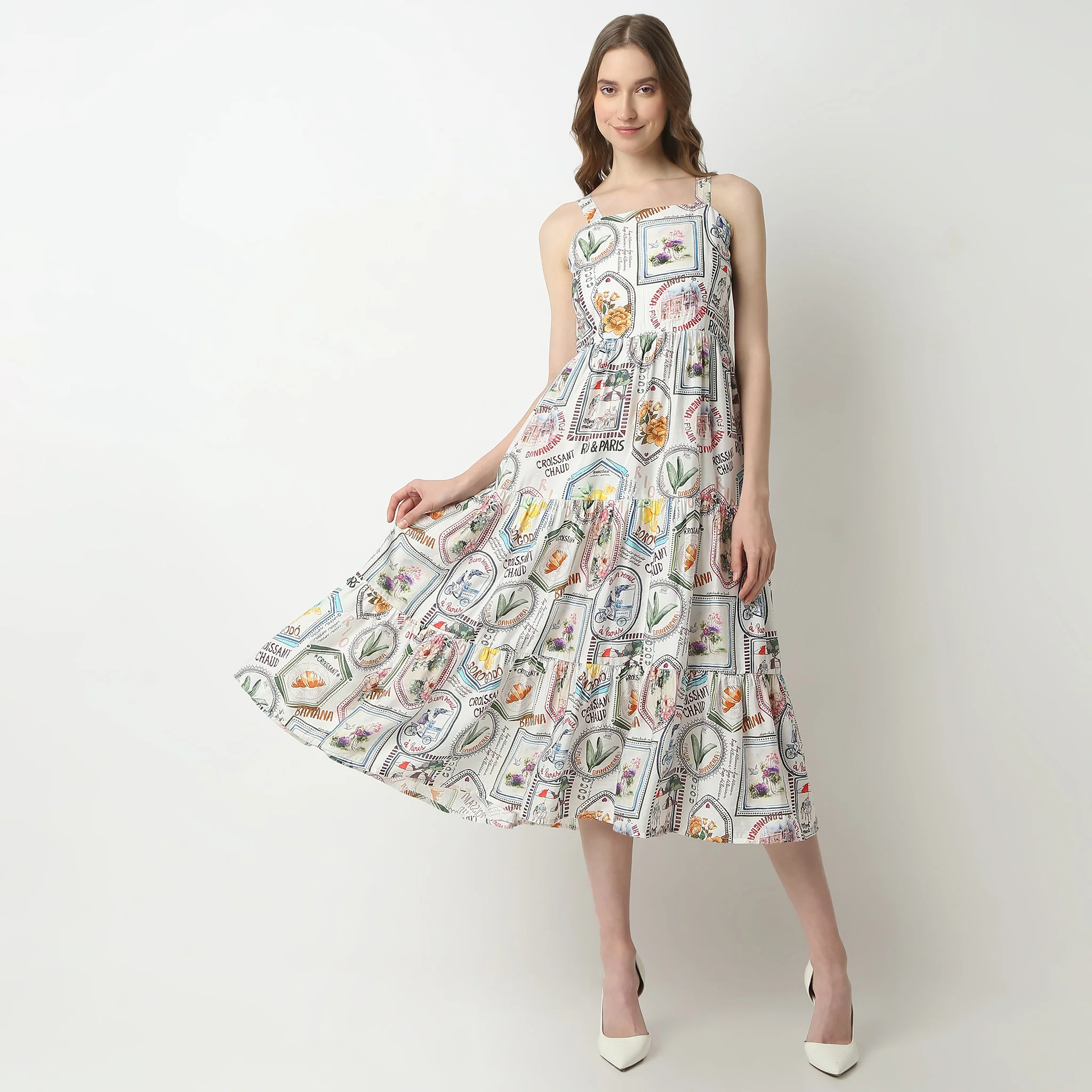 Flare Fit Abstract Square Neck Below Knee Betty Dress - Image 2