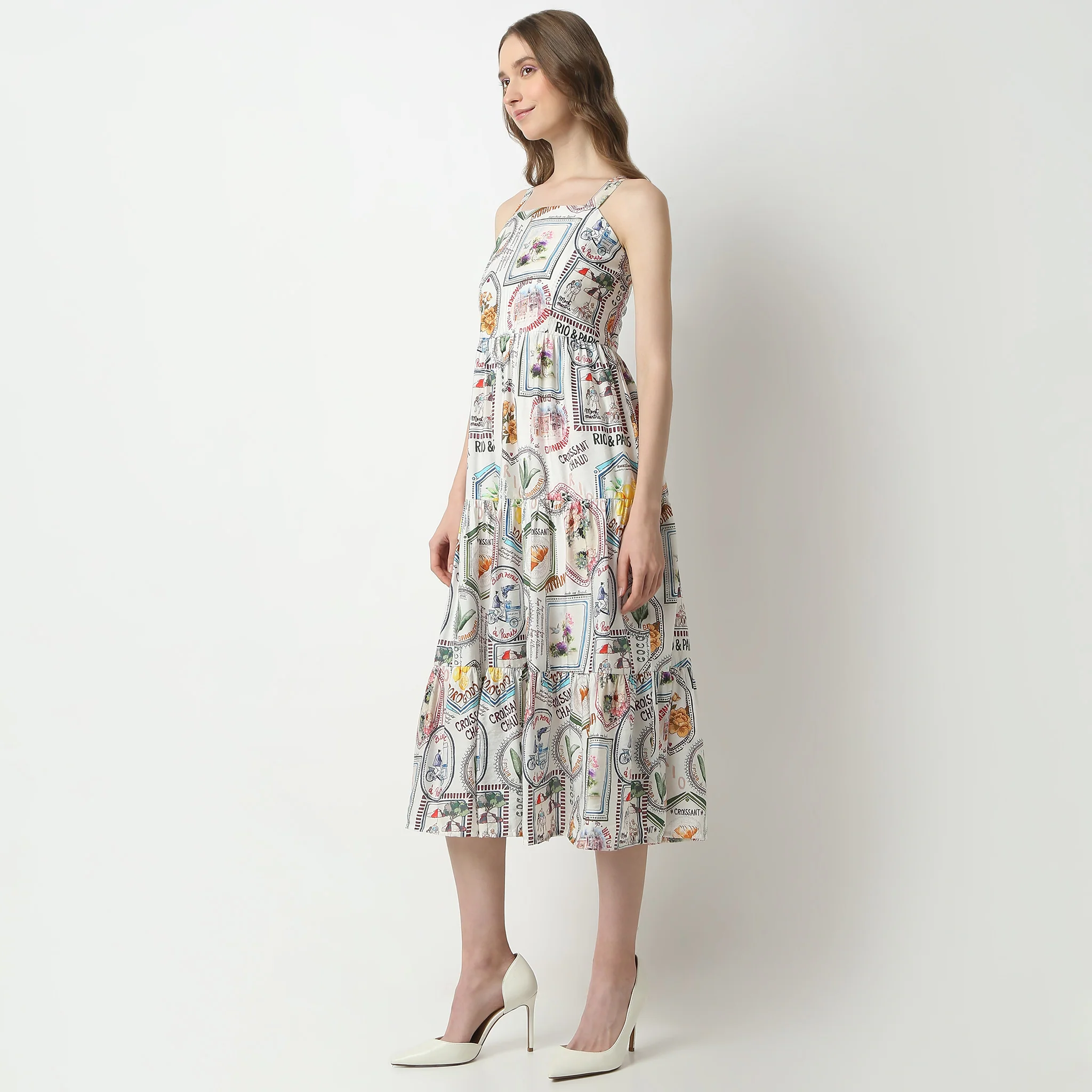 Flare Fit Abstract Square Neck Below Knee Betty Dress - Image 4