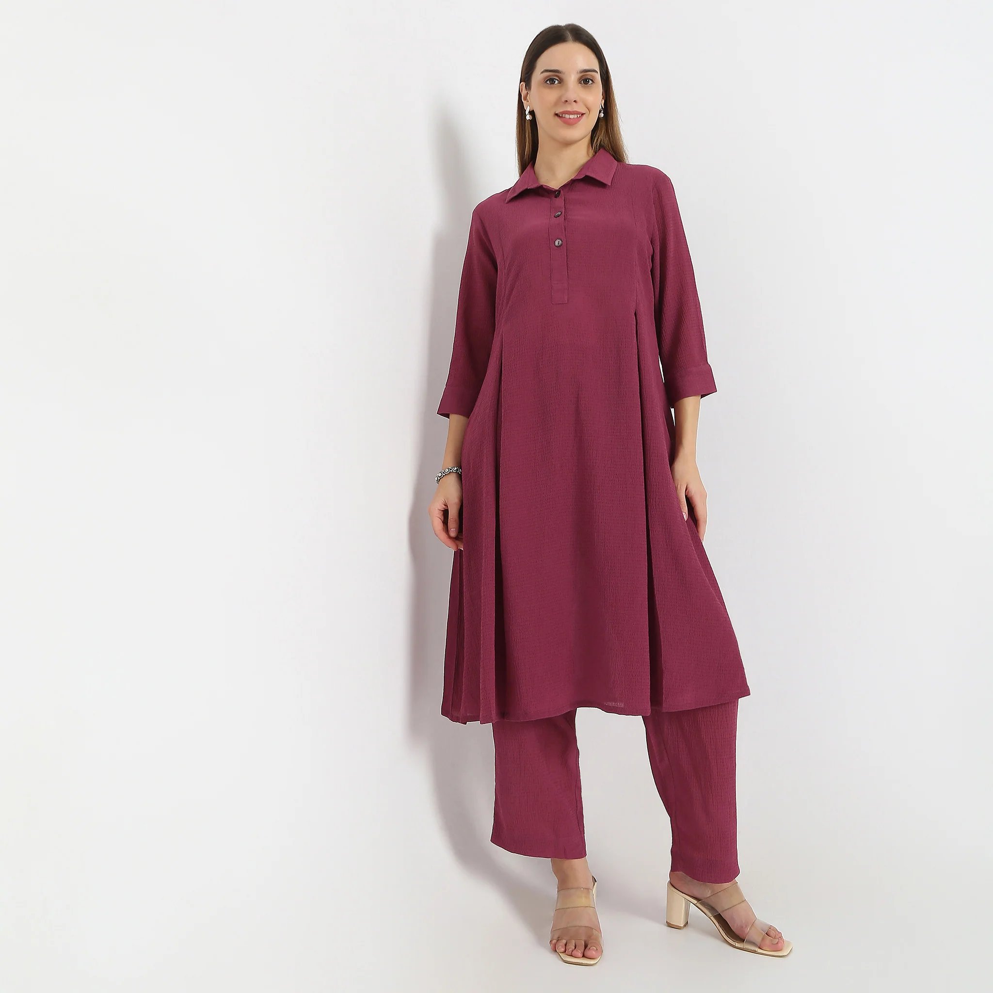 Flare Fit Box Inwared Pleat A-Line Kurta With Pant Set